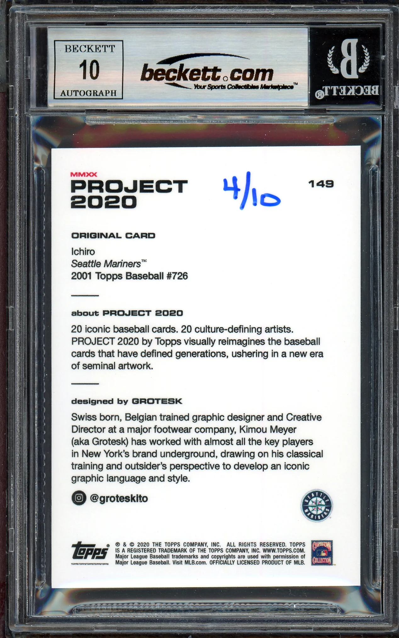 Ichiro Suzuki Autographed Topps Project 2020 Grotesk Card #149 Seattle Mariners Auto Grade Gem Mint 10 Black #4/10 Beckett BAS #13712761 - Image 2