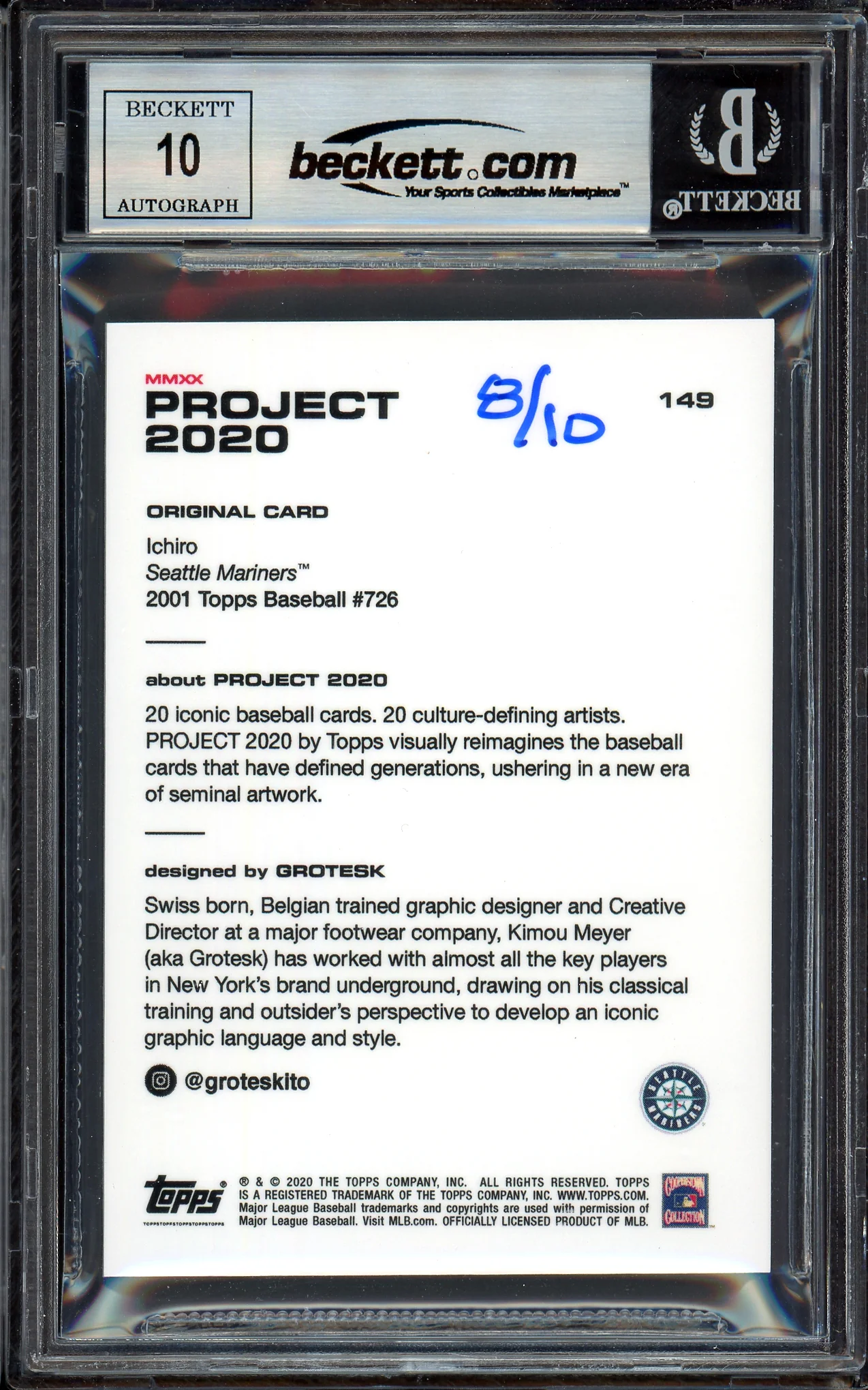 Ichiro Suzuki Autographed Topps Project 2020 Grotesk Card #149 Seattle Mariners Auto Grade Gem Mint 10 Black #8/10 Beckett BAS #13712772 - Image 2