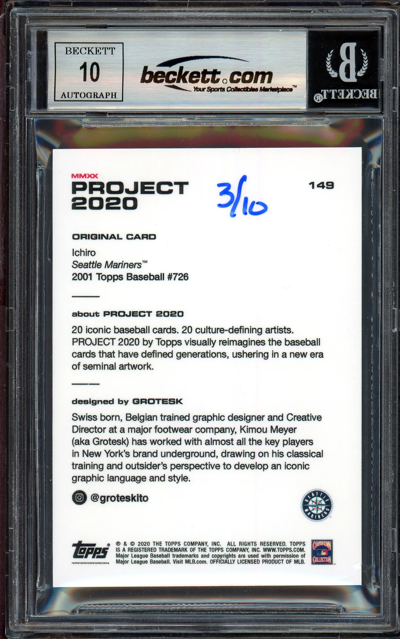 Ichiro Suzuki Autographed Topps Project 2020 Grotesk Card #149 Seattle Mariners Auto Grade Gem Mint 10 Blue #/10 Beckett BAS Stock #200975 - Image 2