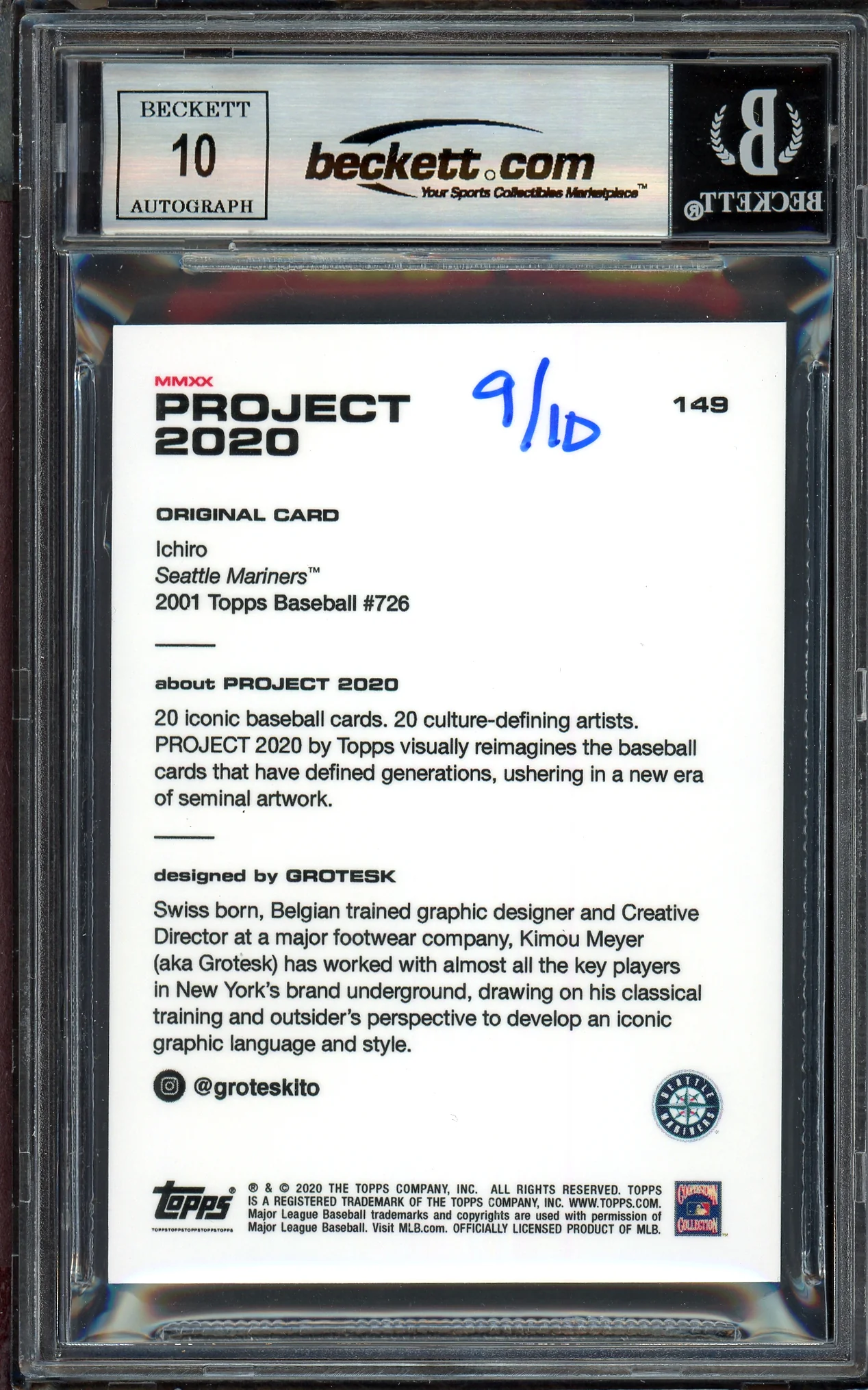 Ichiro Suzuki Autographed Topps Project 2020 Grotesk Card #149 Seattle Mariners Auto Grade Gem Mint 10 Teal #/10 Beckett BAS Stock #200981 - Image 2