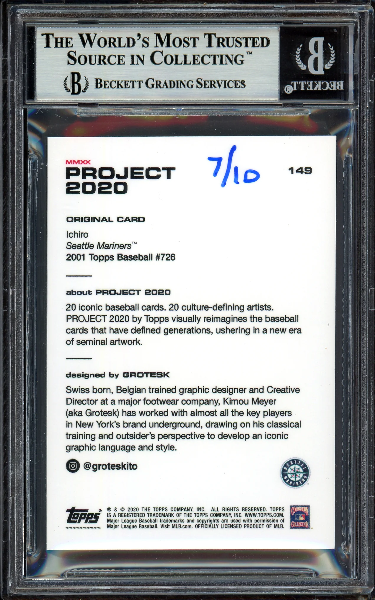 Ichiro Suzuki Autographed Topps Project 2020 Grotesk Card #149 Seattle Mariners Gold #/10 Beckett BAS Stock #201102 - Image 2