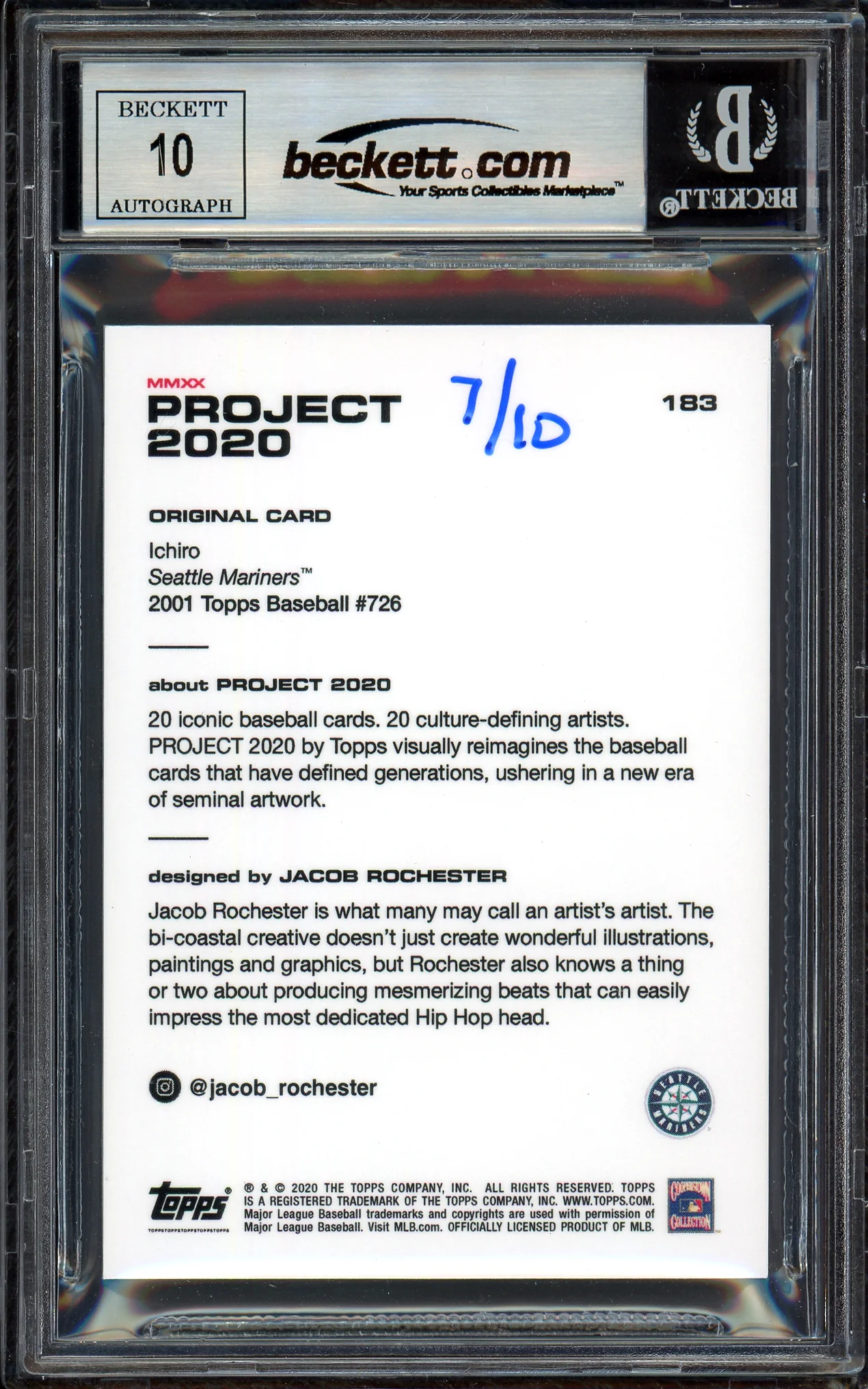Ichiro Suzuki Autographed Topps Project 2020 Jacob Rochester Card #183 Seattle Mariners Auto Grade Gem Mint 10 Blue #/10 Beckett BAS Stock #200990 - Image 2