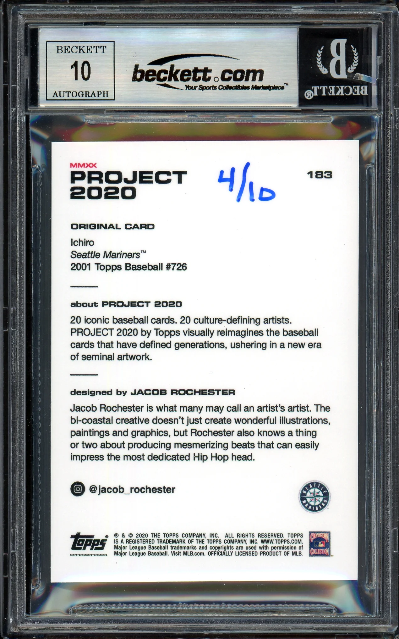 Ichiro Suzuki Autographed Topps Project 2020 Jacob Rochester Card #183 Seattle Mariners Auto Grade Gem Mint 10 Gold #/10 Beckett BAS Stock #200994 - Image 2
