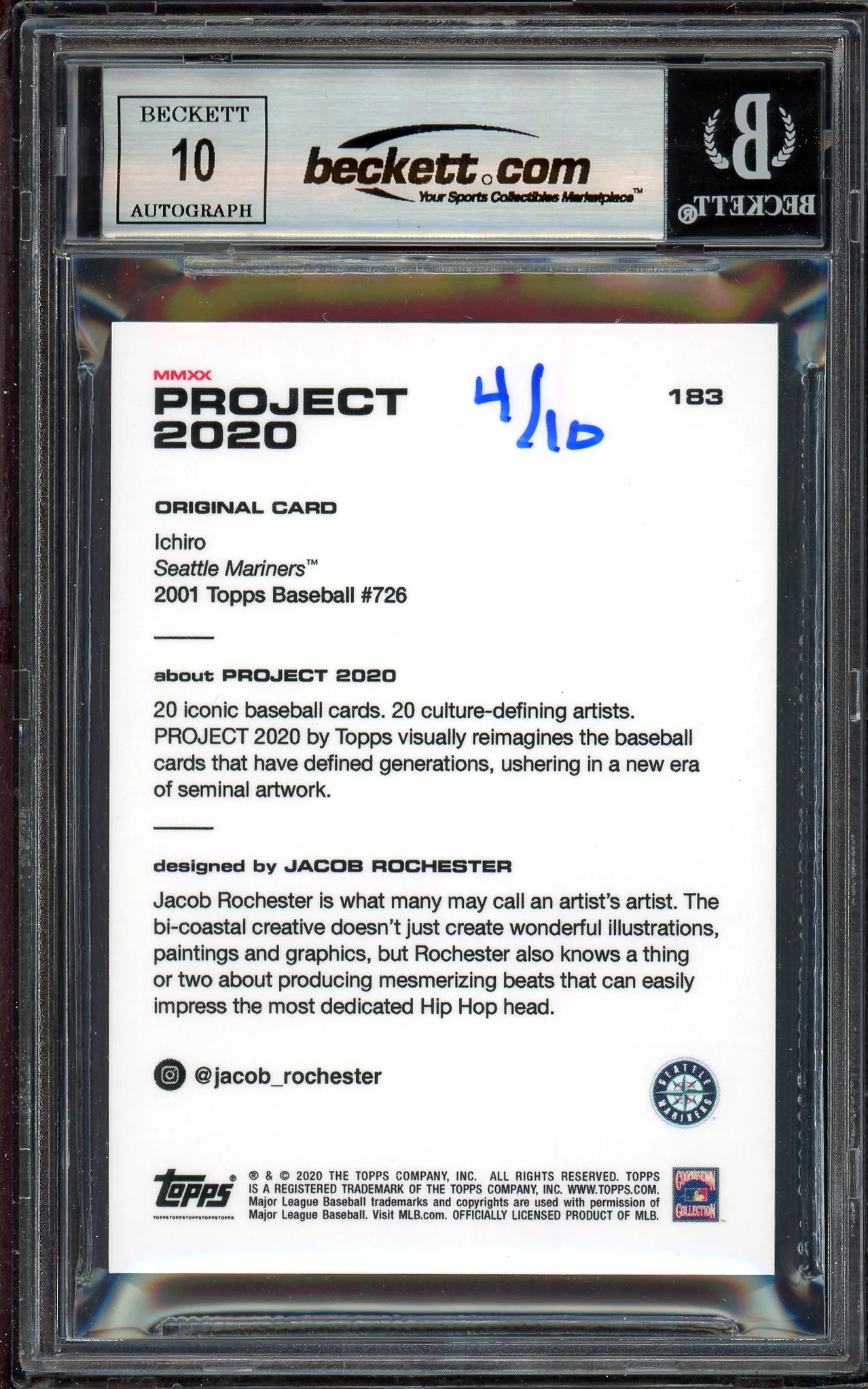 Ichiro Suzuki Autographed Topps Project 2020 Jacob Rochester Card #183 Seattle Mariners Auto Grade Gem Mint 10 Lime Green #/10 Beckett BAS Stock #200991 - Image 2