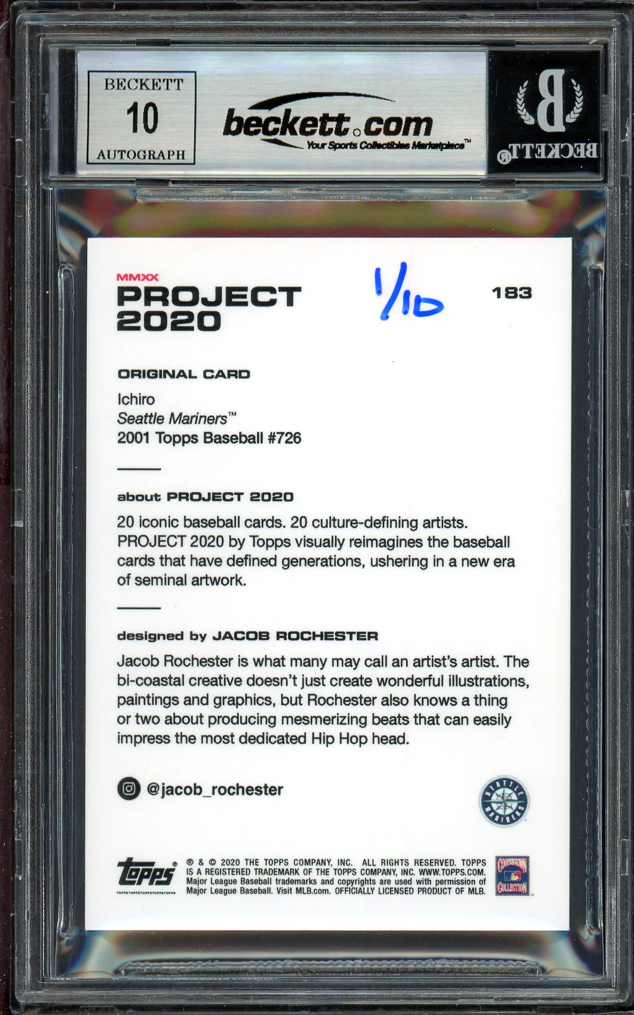 Ichiro Suzuki Autographed Topps Project 2020 Jacob Rochester Card #183 Seattle Mariners Auto Grade Gem Mint 10 Silver #1/10 Beckett BAS #13712910 - Image 2