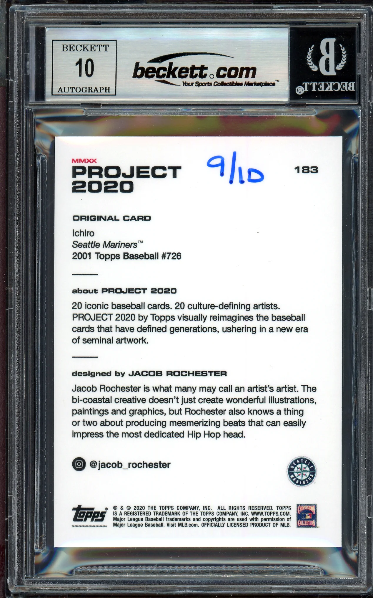 Ichiro Suzuki Autographed Topps Project 2020 Jacob Rochester Card #183 Seattle Mariners Auto Grade Gem Mint 10 Teal #/10 Beckett BAS Stock #200993 - Image 2