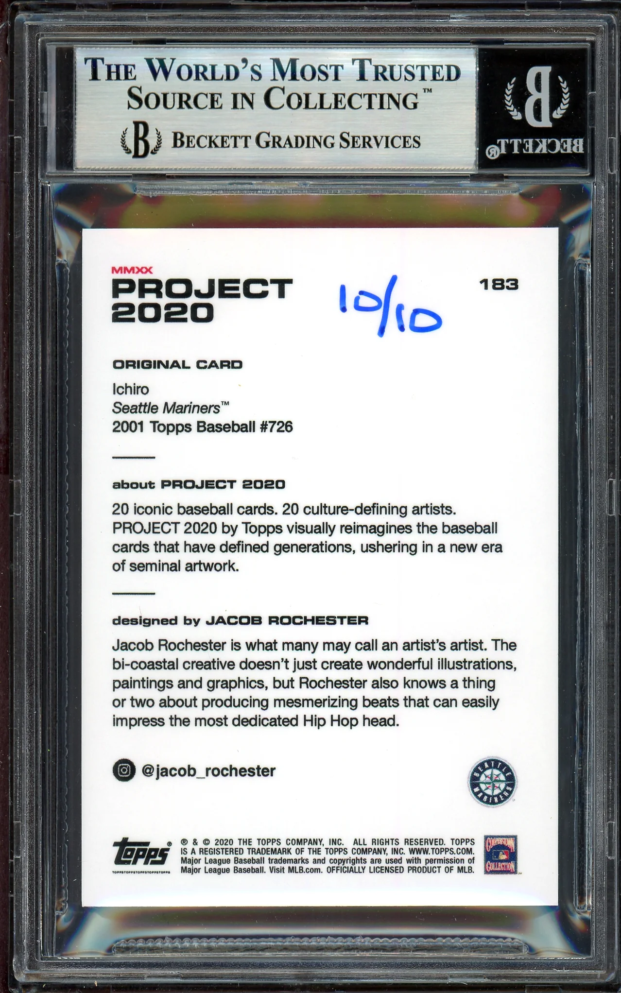 Ichiro Suzuki Autographed Topps Project 2020 Jacob Rochester Card #183 Seattle Mariners Gold #10/10 Beckett BAS #13713837 - Image 2