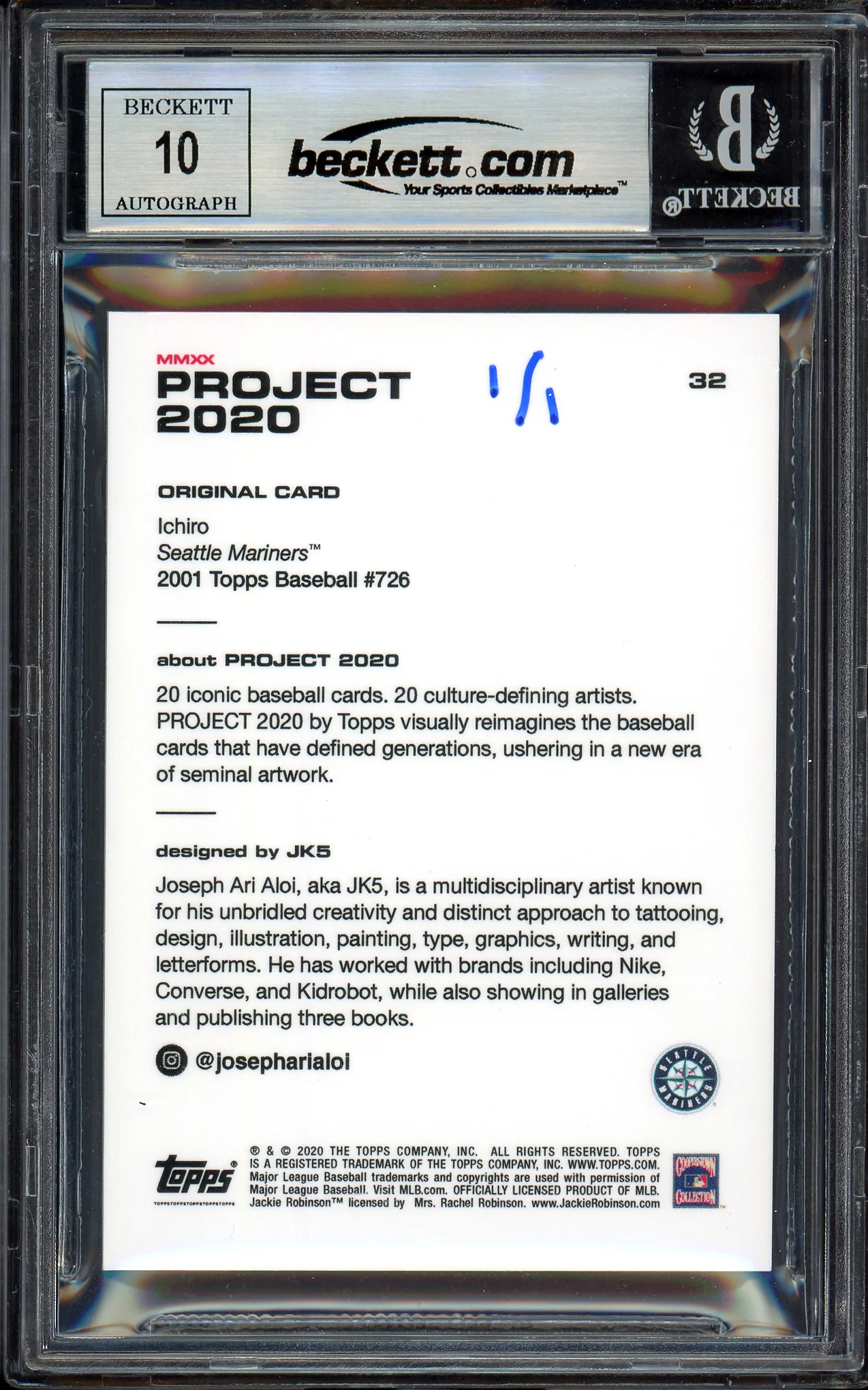 Ichiro Suzuki Autographed Topps Project 2020 JK5 Card #32 Seattle Mariners Auto Grade Gem Mint 10 "01 ROY/MVP" Blue #1/1 Beckett BAS #13713422 - Image 2