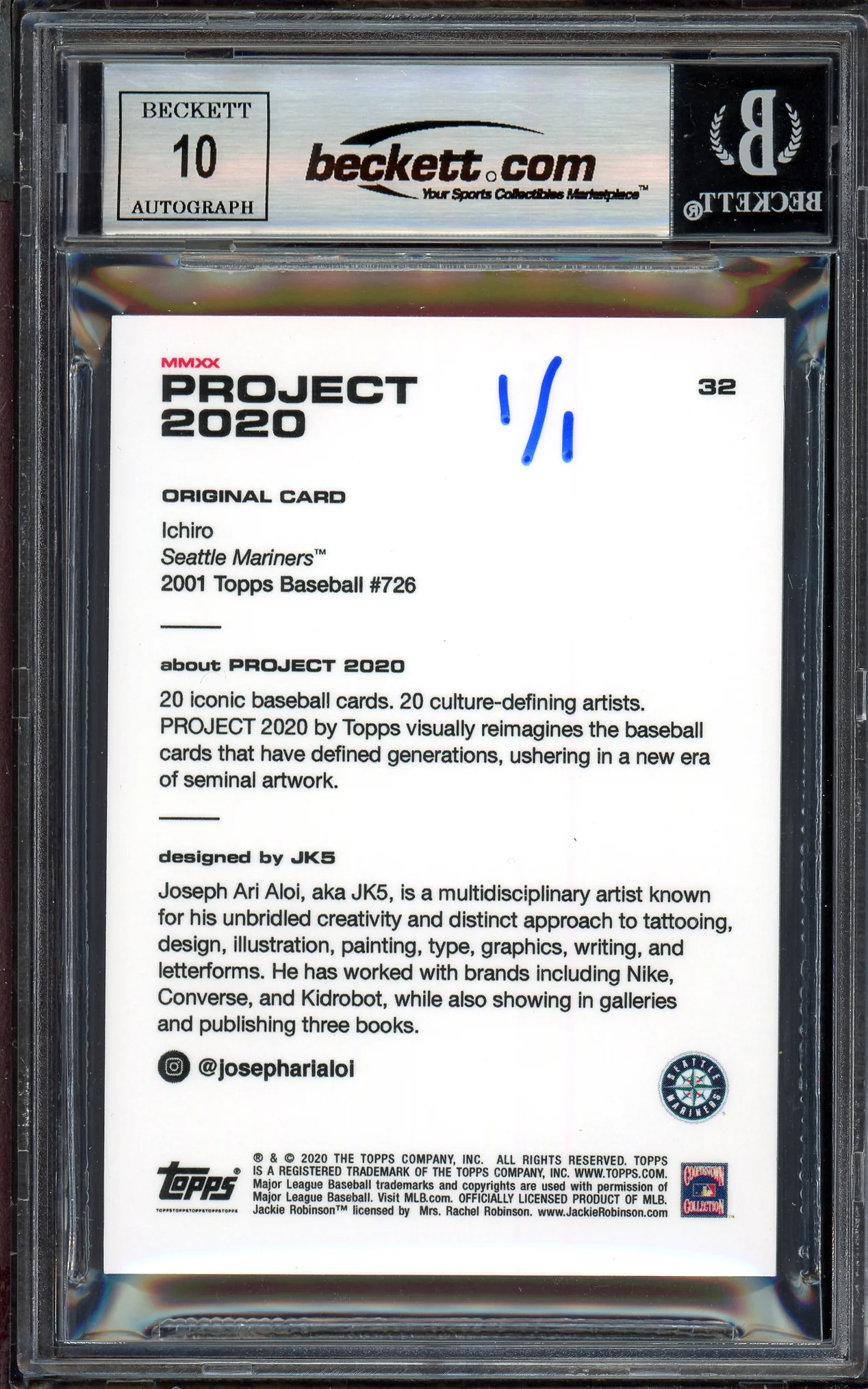 Ichiro Suzuki Autographed Topps Project 2020 JK5 Card #32 Seattle Mariners Auto Grade Gem Mint 10 Blue #1/1 Beckett BAS #13713421 - Image 2