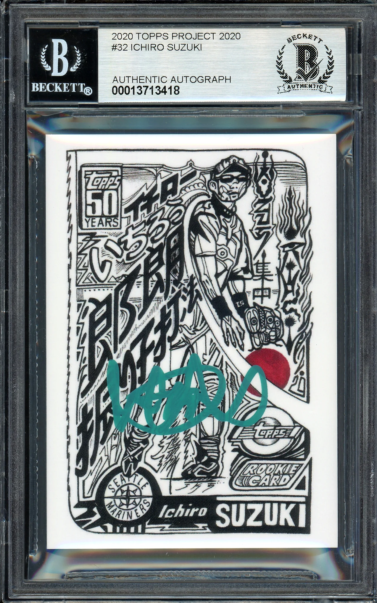 Ichiro Suzuki Autographed Topps Project 2020 JK5 Card #32 Seattle Mariners Auto Grade Gem Mint 10 Teal #1/1 Beckett BAS #13713418