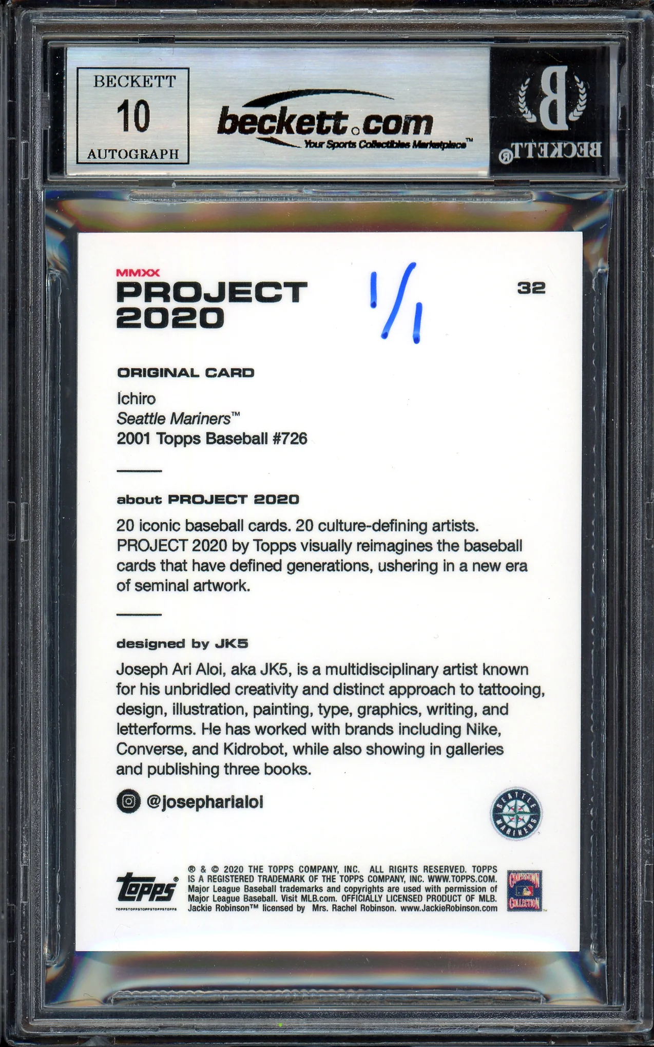 Ichiro Suzuki Autographed Topps Project 2020 JK5 Card #32 Seattle Mariners Auto Grade Gem Mint 10 Teal #1/1 Beckett BAS #13713418 - Image 2