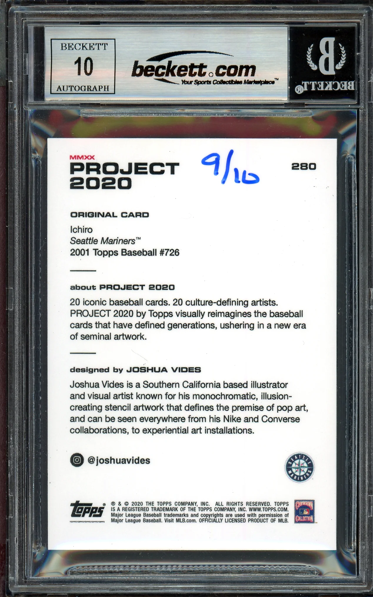 Ichiro Suzuki Autographed Topps Project 2020 Joshua Vides Card #280 Seattle Mariners Auto Grade Gem Mint 10 Gold #/10 Beckett BAS Stock #201029 - Image 2