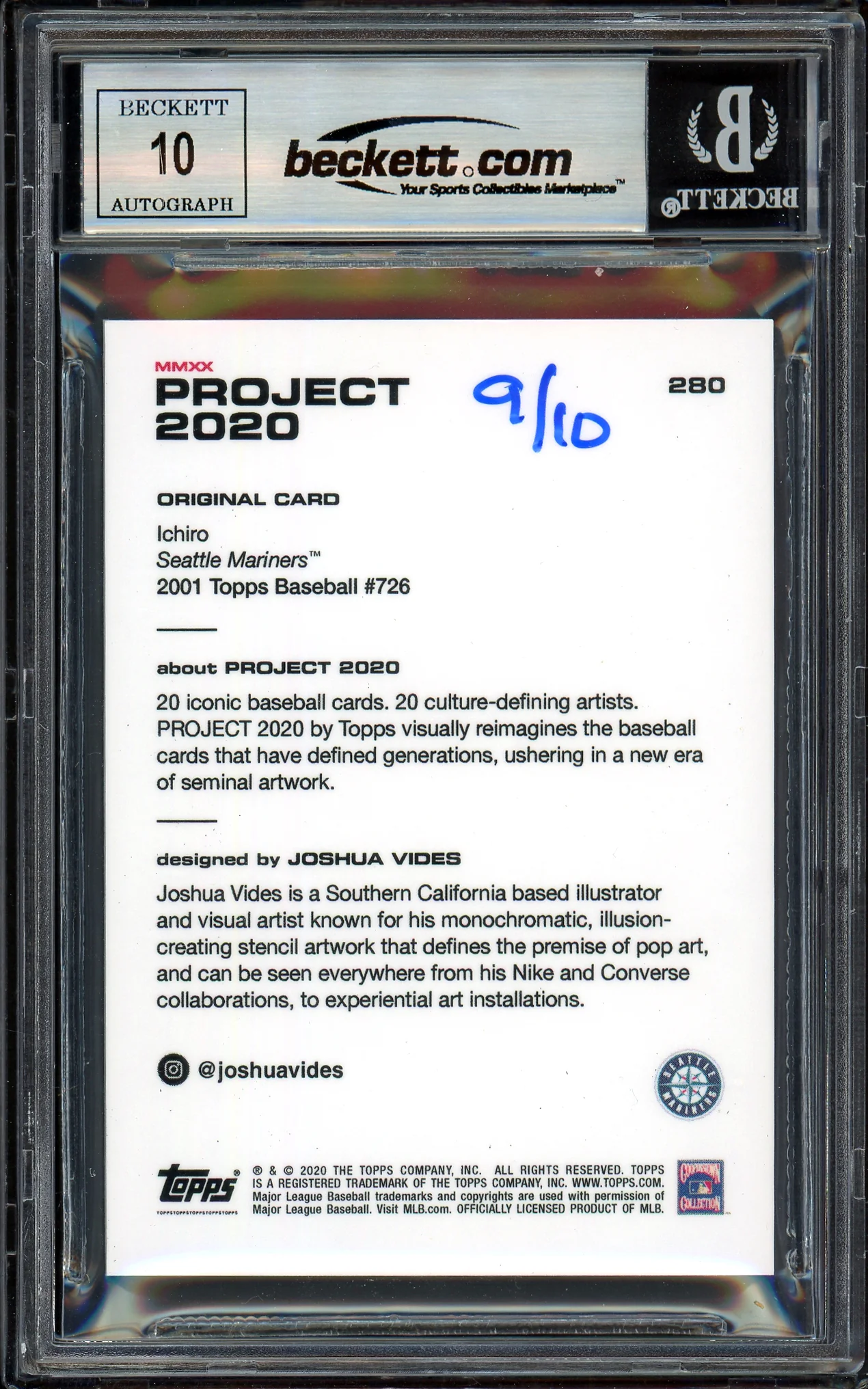 Ichiro Suzuki Autographed Topps Project 2020 Joshua Vides Card #280 Seattle Mariners Auto Grade Gem Mint 10 Lime Green #/10 Beckett BAS Stock #201026 - Image 2