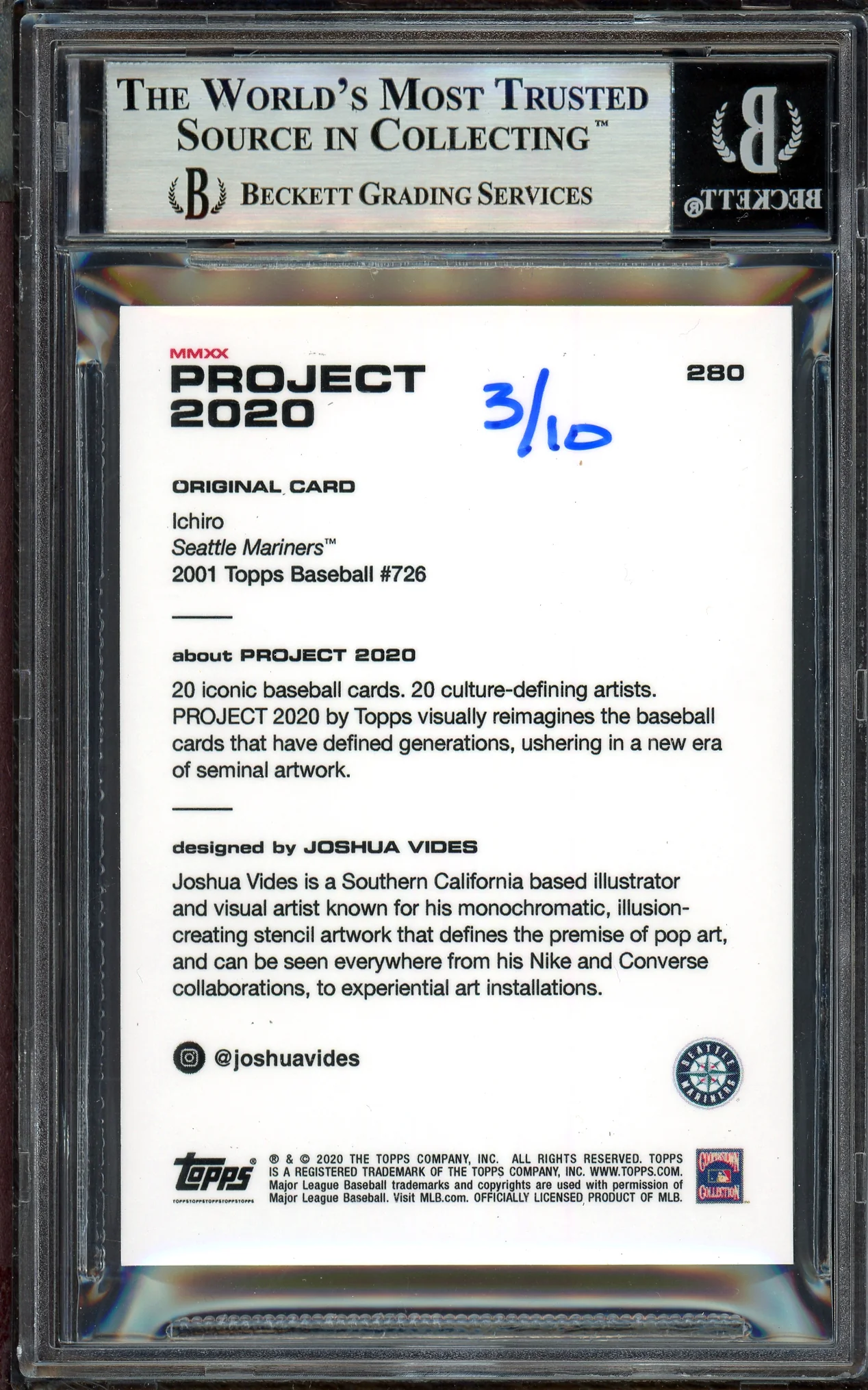 Ichiro Suzuki Autographed Topps Project 2020 Joshua Vides Card #280 Seattle Mariners Blue #/10 Beckett BAS Stock #201133 - Image 2