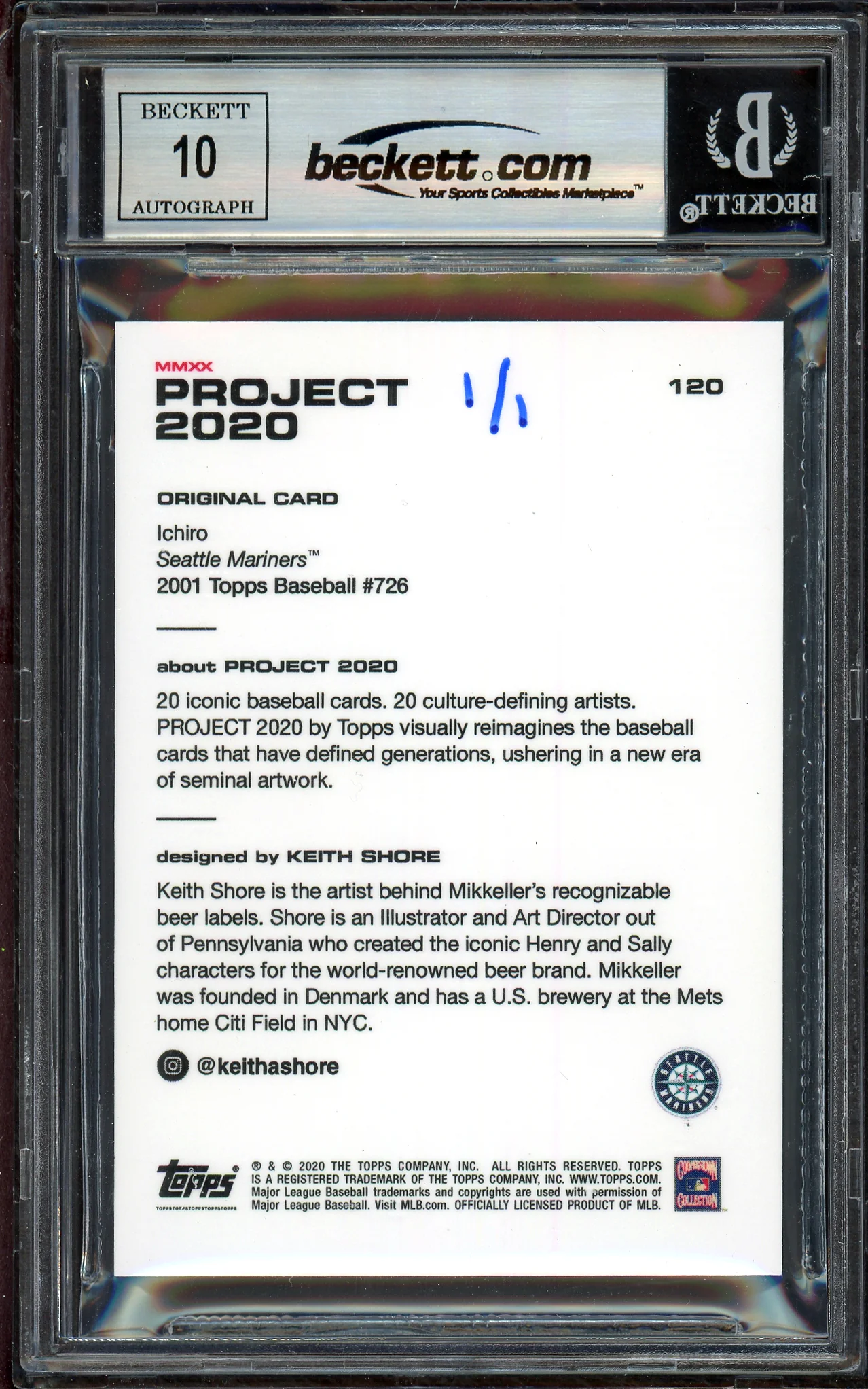 Ichiro Suzuki Autographed Topps Project 2020 Keith Shore Card #120 Seattle Mariners Auto Grade Gem Mint 10 "01 ROY/MVP" Blue #1/1 Beckett BAS #13712602 - Image 2