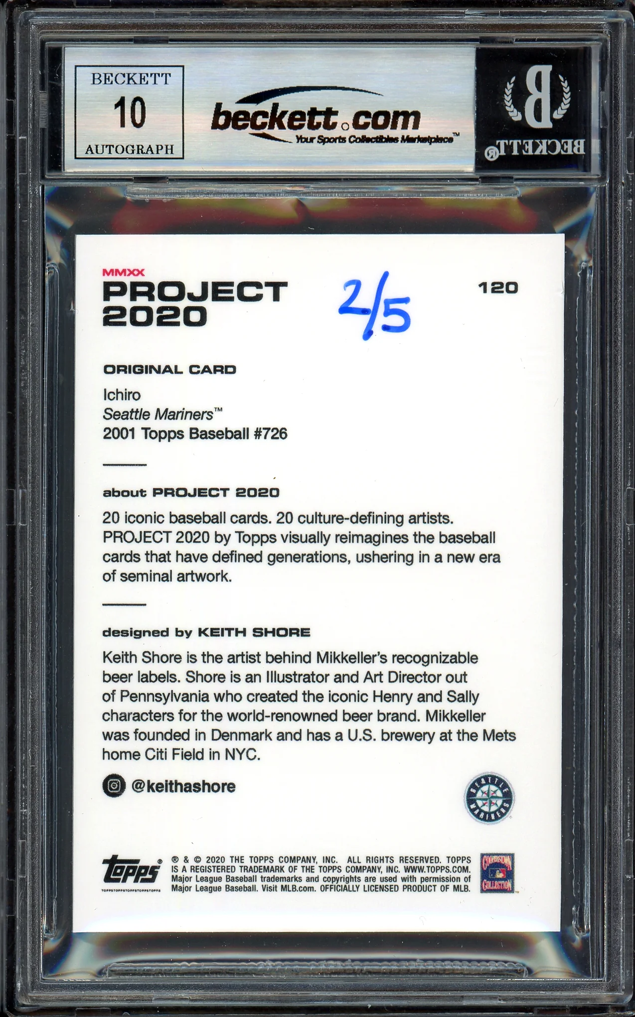 Ichiro Suzuki Autographed Topps Project 2020 Keith Shore Card #120 Seattle Mariners Auto Grade Gem Mint 10 Blue #/5 Beckett BAS Stock #200964 - Image 2