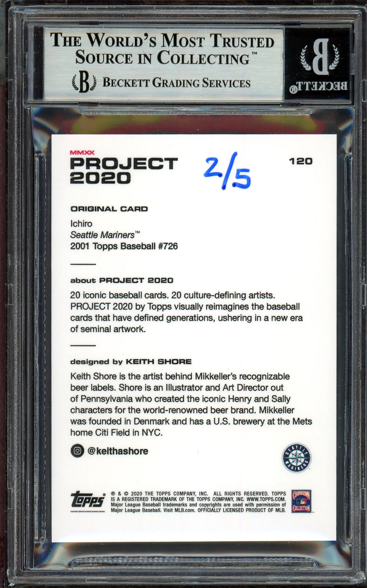 Ichiro Suzuki Autographed Topps Project 2020 Keith Shore Card #120 Seattle Mariners Gold #2/5 Beckett BAS #13713785 - Image 2