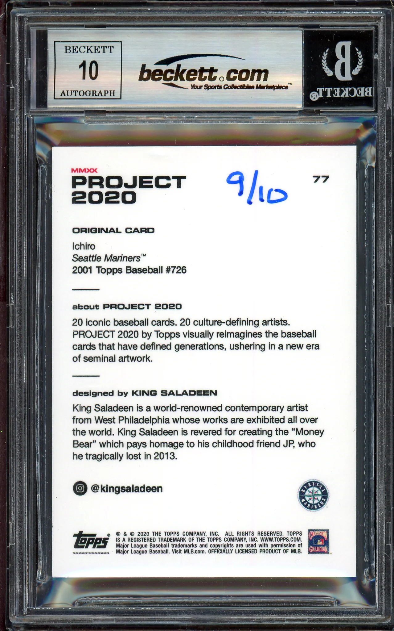Ichiro Suzuki Autographed Topps Project 2020 King Saladeen Card #77 Seattle Mariners Auto Grade Gem Mint 10 Blue #/10 Beckett BAS Stock #200959 - Image 2