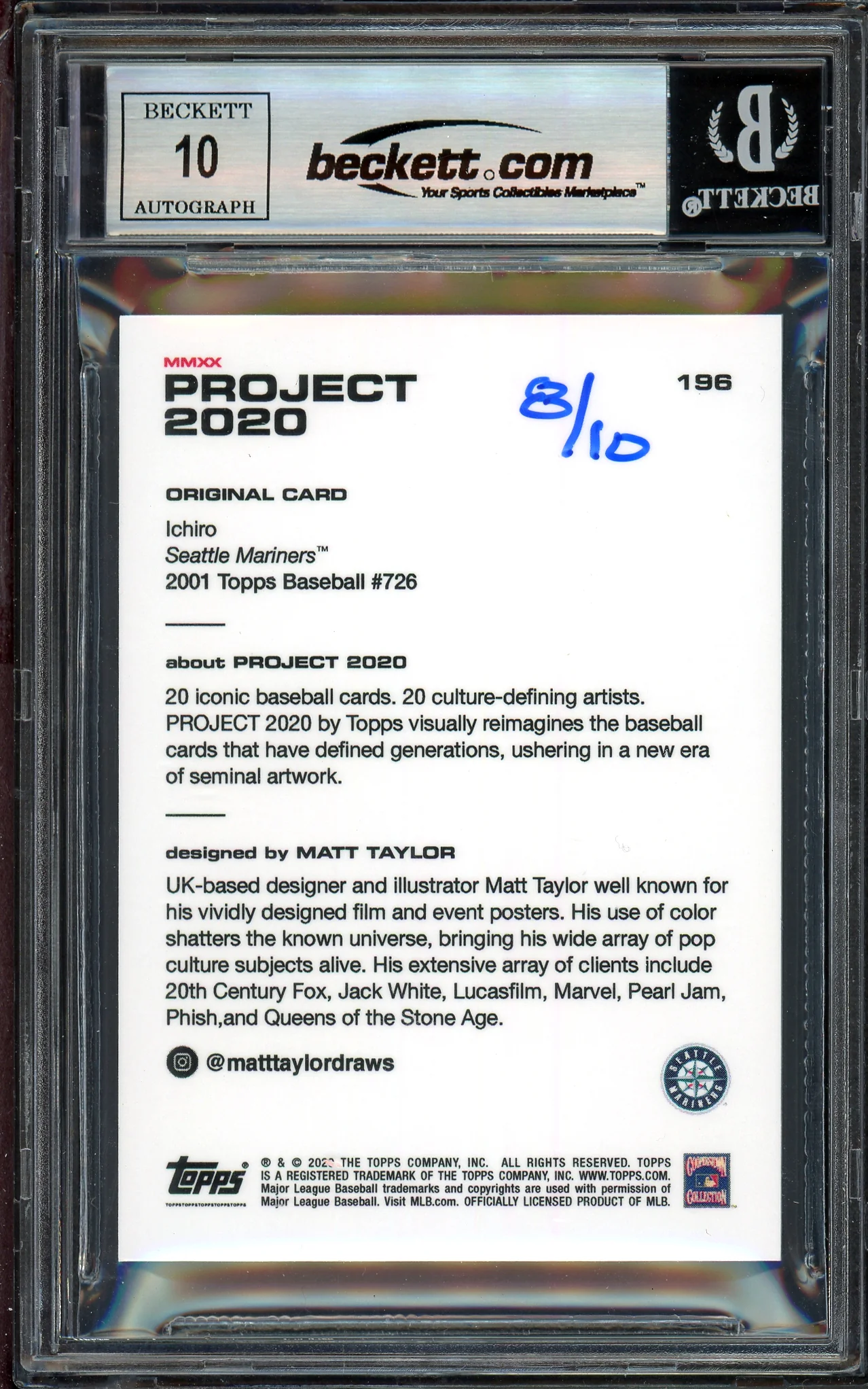 Ichiro Suzuki Autographed Topps Project 2020 Matt Taylor Card #196 Seattle Mariners Auto Grade Gem Mint 10 Black #/10 Beckett BAS Stock #200999 - Image 2