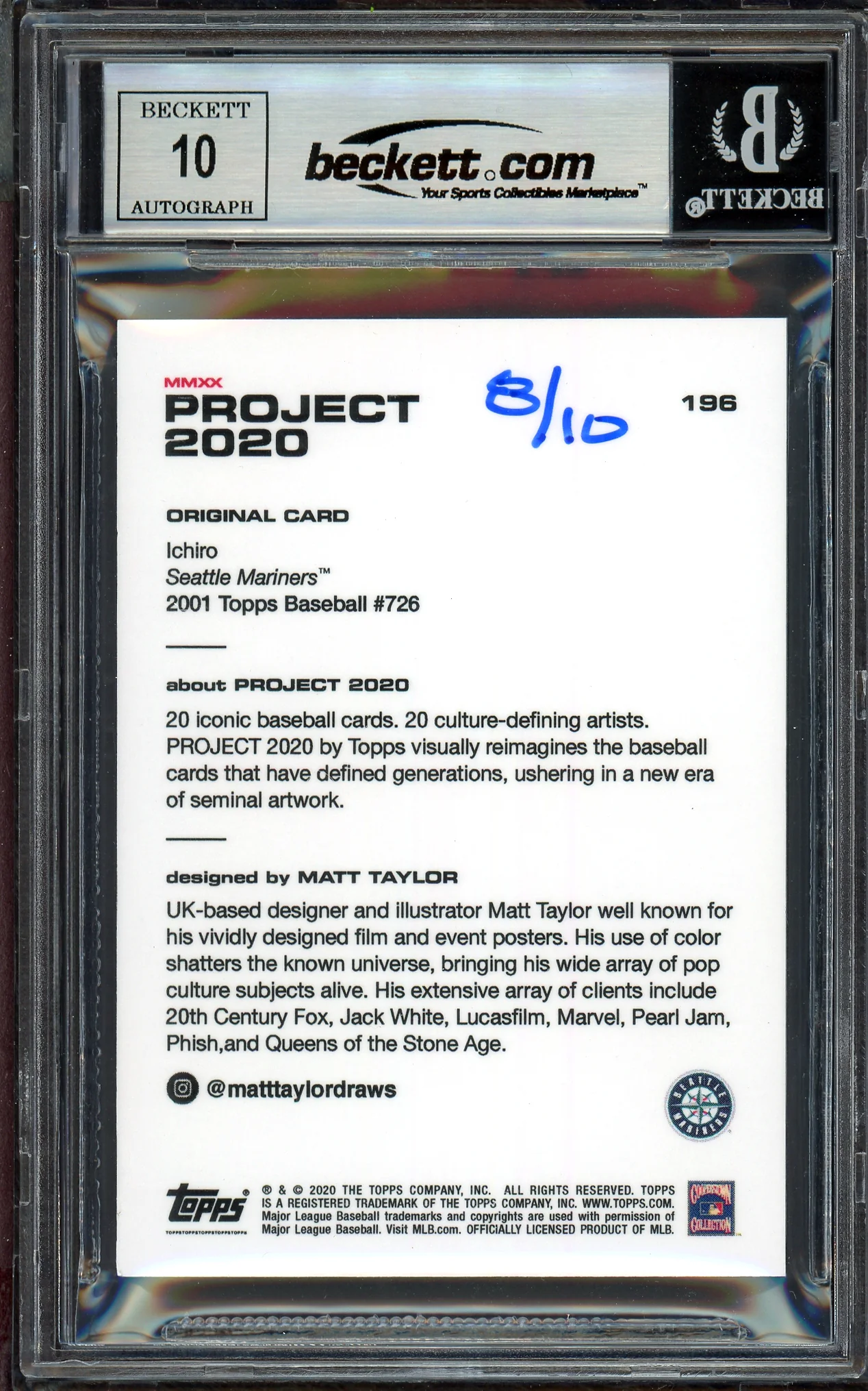 Ichiro Suzuki Autographed Topps Project 2020 Matt Taylor Card #196 Seattle Mariners Auto Grade Gem Mint 10 Blue #/10 Beckett BAS Stock #200997 - Image 2