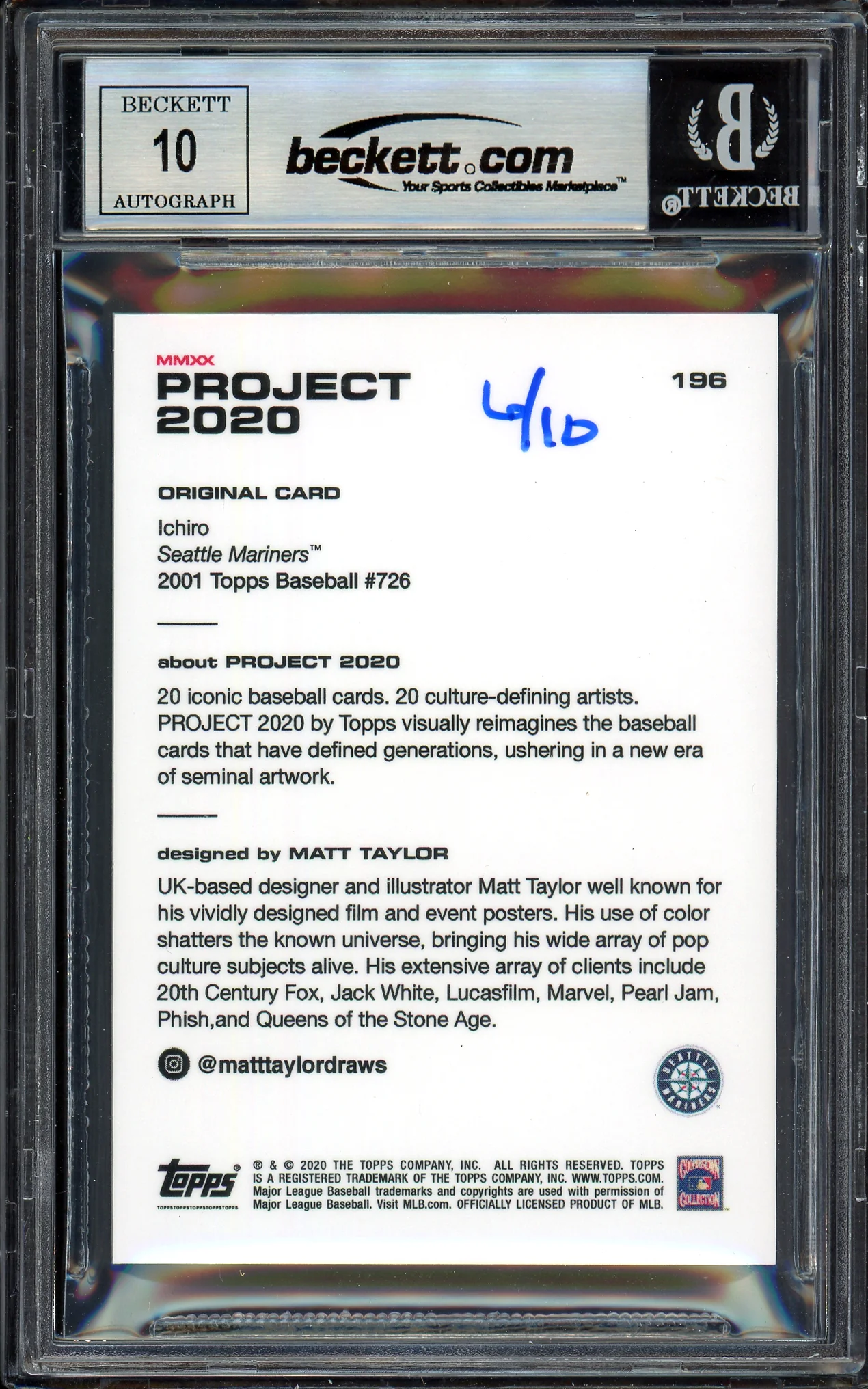 Ichiro Suzuki Autographed Topps Project 2020 Matt Taylor Card #196 Seattle Mariners Auto Grade Gem Mint 10 Lime Green #/10 Beckett BAS Stock #200998 - Image 2