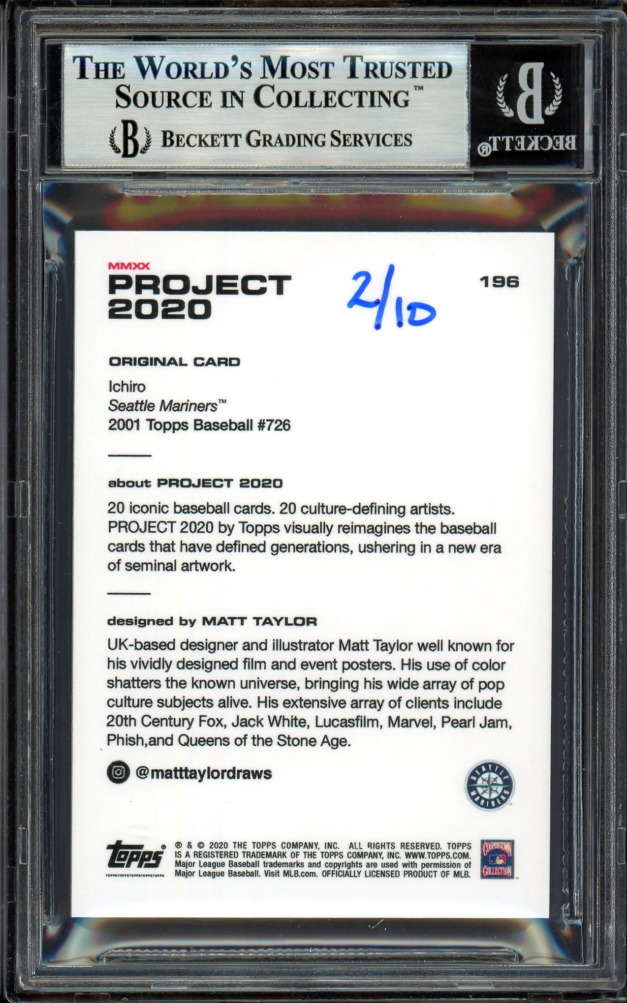 Ichiro Suzuki Autographed Topps Project 2020 Matt Taylor Card #196 Seattle Mariners Black #2/10 Beckett BAS #13714099 - Image 2