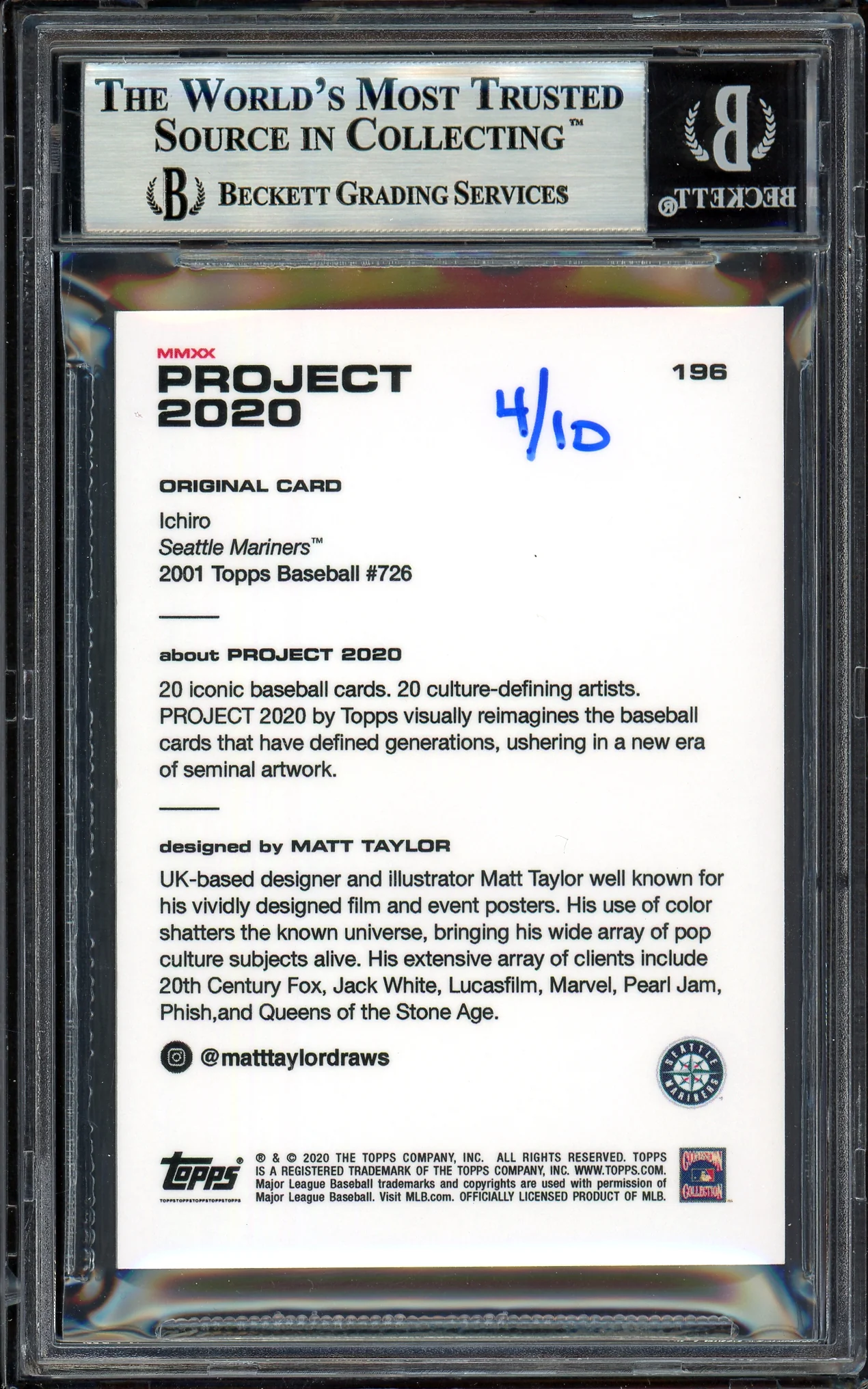 Ichiro Suzuki Autographed Topps Project 2020 Matt Taylor Card #196 Seattle Mariners Black #4/10 Beckett BAS #13714103 - Image 2