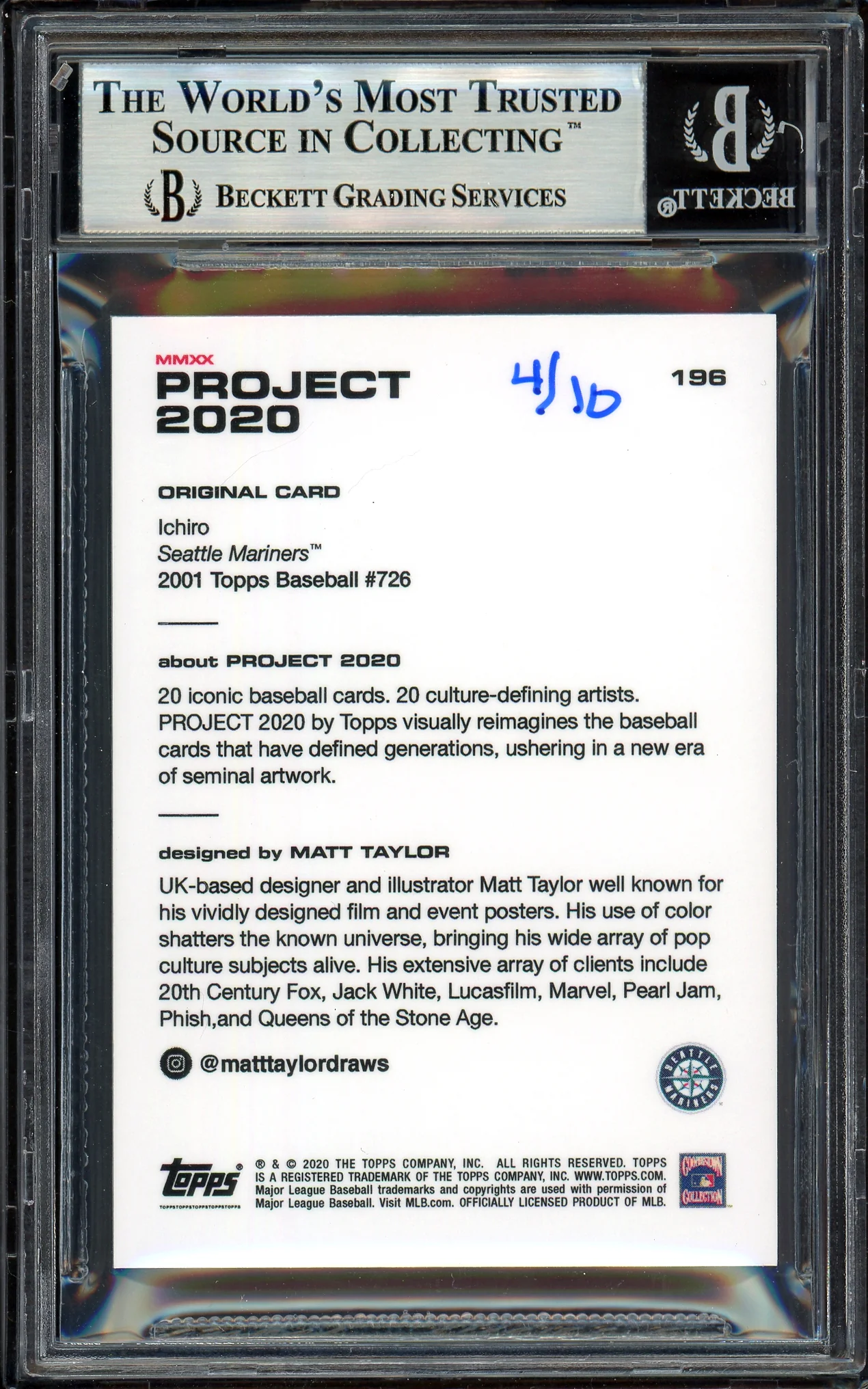 Ichiro Suzuki Autographed Topps Project 2020 Matt Taylor Card #196 Seattle Mariners Silver #/10 Beckett BAS Stock #201122 - Image 2
