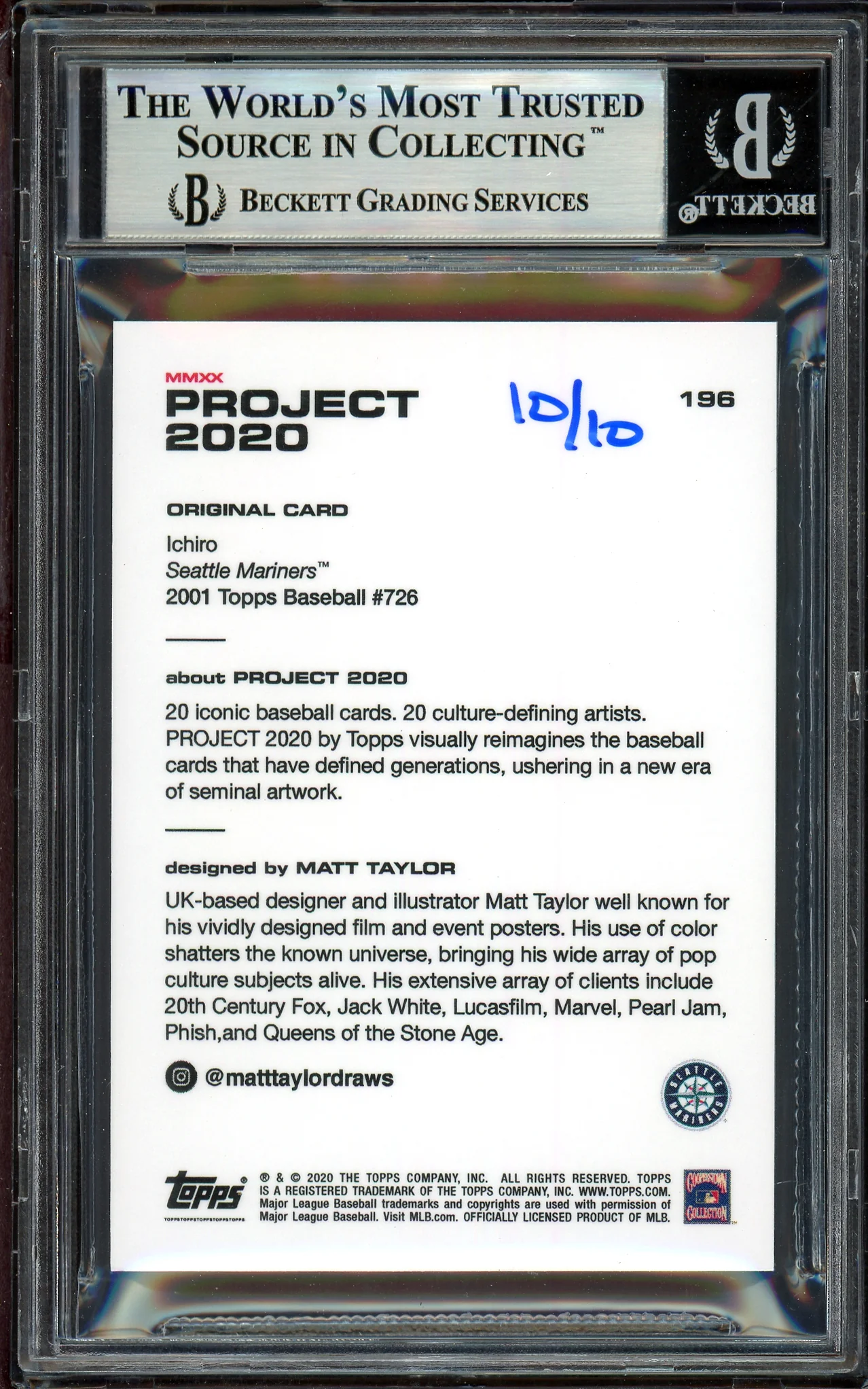 Ichiro Suzuki Autographed Topps Project 2020 Matt Taylor Card #196 Seattle Mariners Teal #10/10 Beckett BAS #13714105 - Image 2