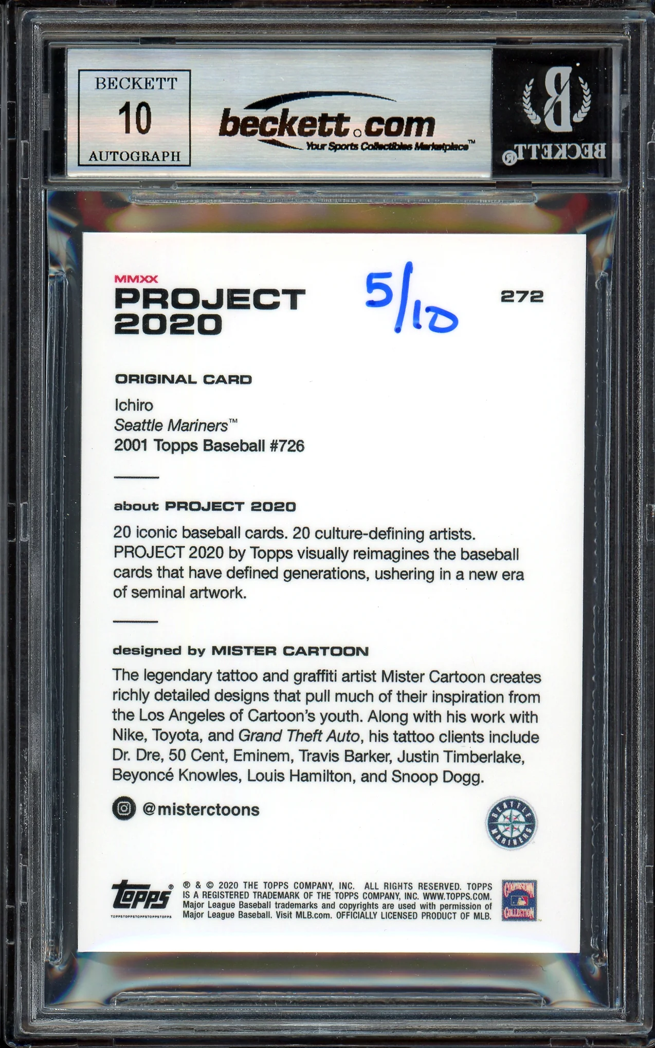 Ichiro Suzuki Autographed Topps Project 2020 Mister Cartoon Card #272 Seattle Mariners Auto Grade Gem Mint 10 Black #/10 Beckett BAS Stock #201020 - Image 2