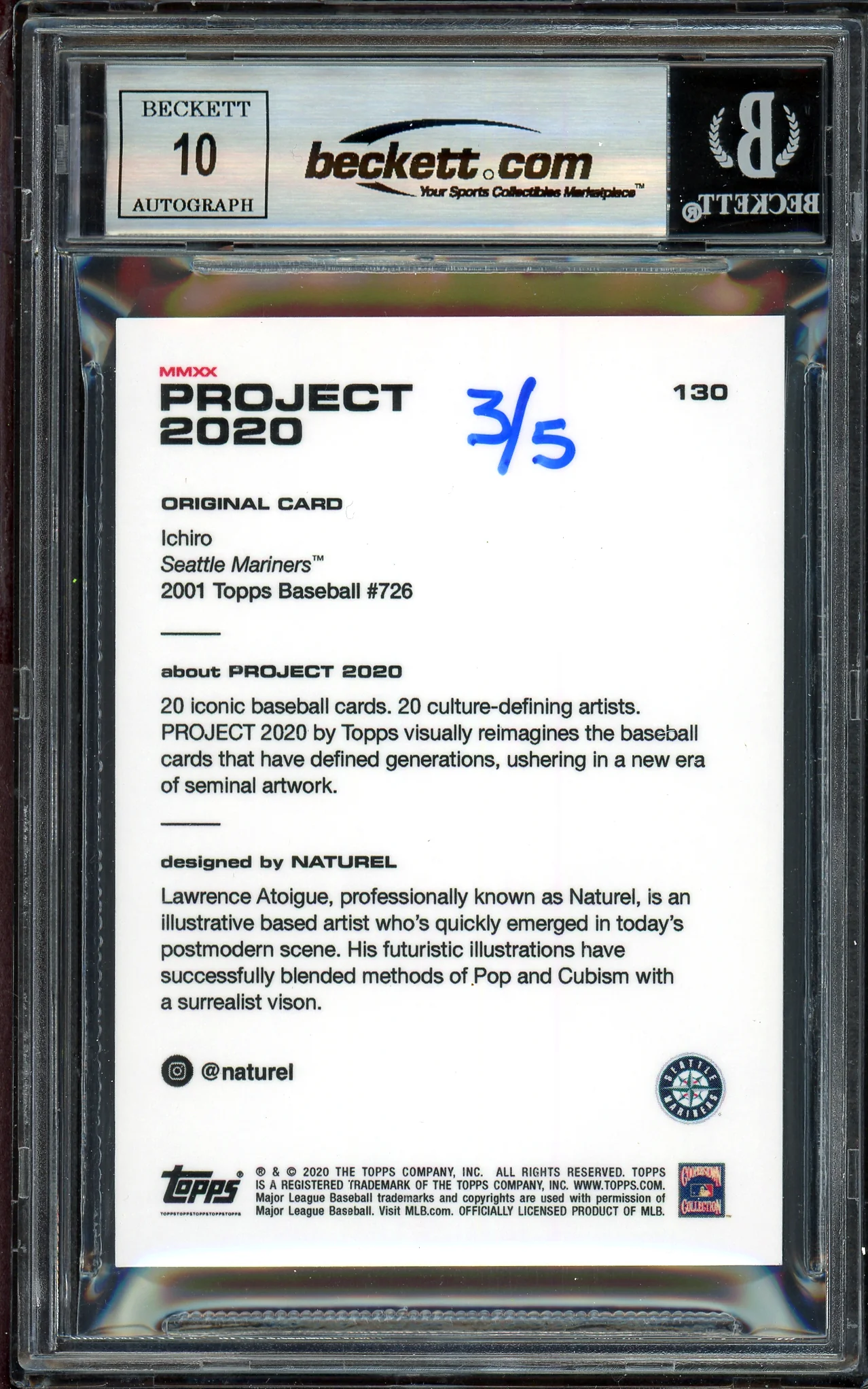 Ichiro Suzuki Autographed Topps Project 2020 Naturel Card #130 Seattle Mariners Auto Grade Gem Mint 10 Black #3/5 Beckett BAS #13712651 - Image 2