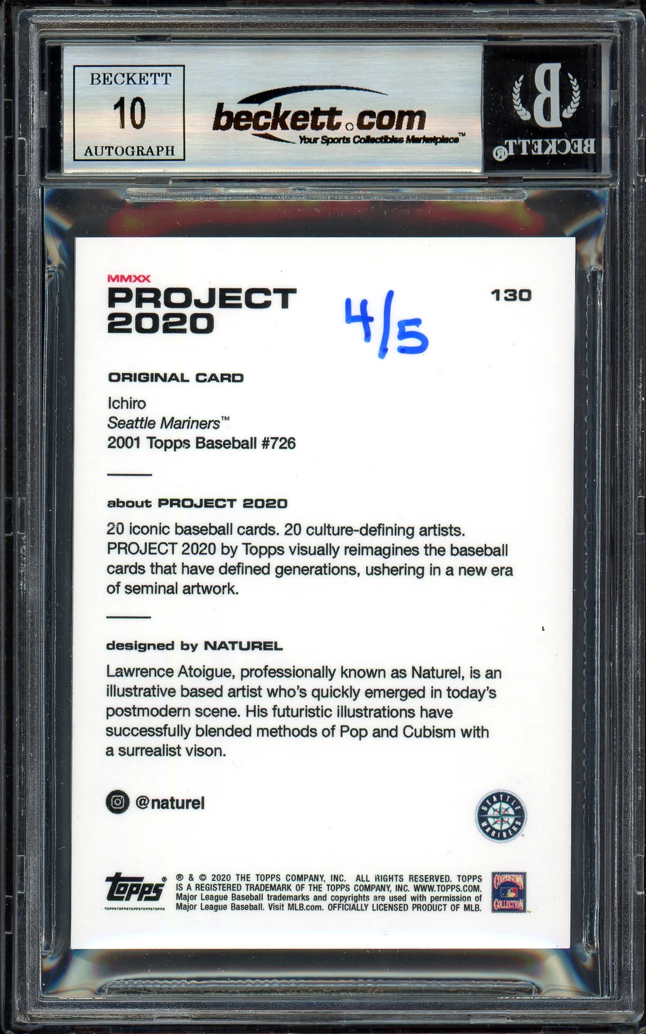 Ichiro Suzuki Autographed Topps Project 2020 Naturel Card #130 Seattle Mariners Auto Grade Gem Mint 10 Black #4/5 Beckett BAS #13712653 - Image 2