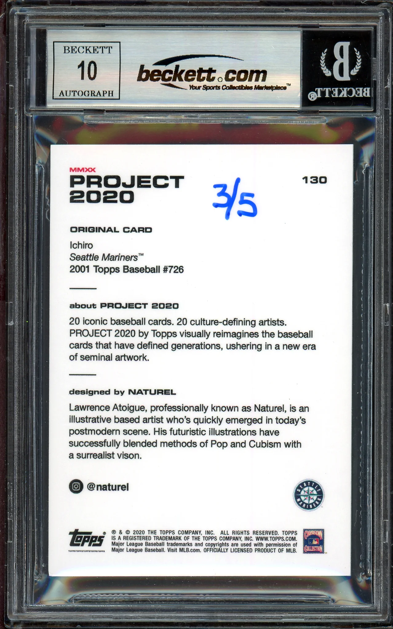 Ichiro Suzuki Autographed Topps Project 2020 Naturel Card #130 Seattle Mariners Auto Grade Gem Mint 10 Blue #/5 Beckett BAS Stock #200967 - Image 2