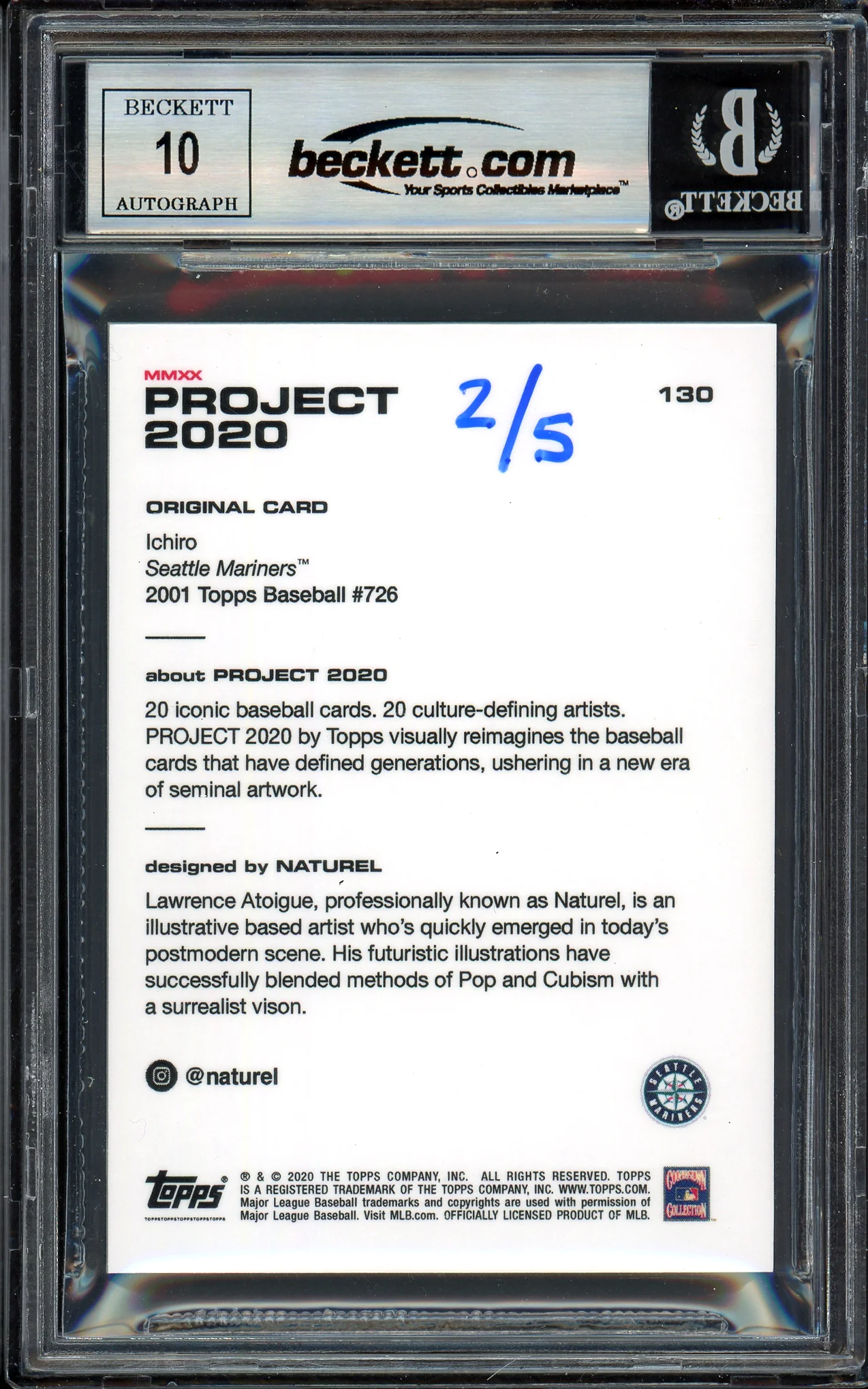 Ichiro Suzuki Autographed Topps Project 2020 Naturel Card #130 Seattle Mariners Auto Grade Gem Mint 10 Lime Green #2/5 Beckett BAS #13712650 - Image 2