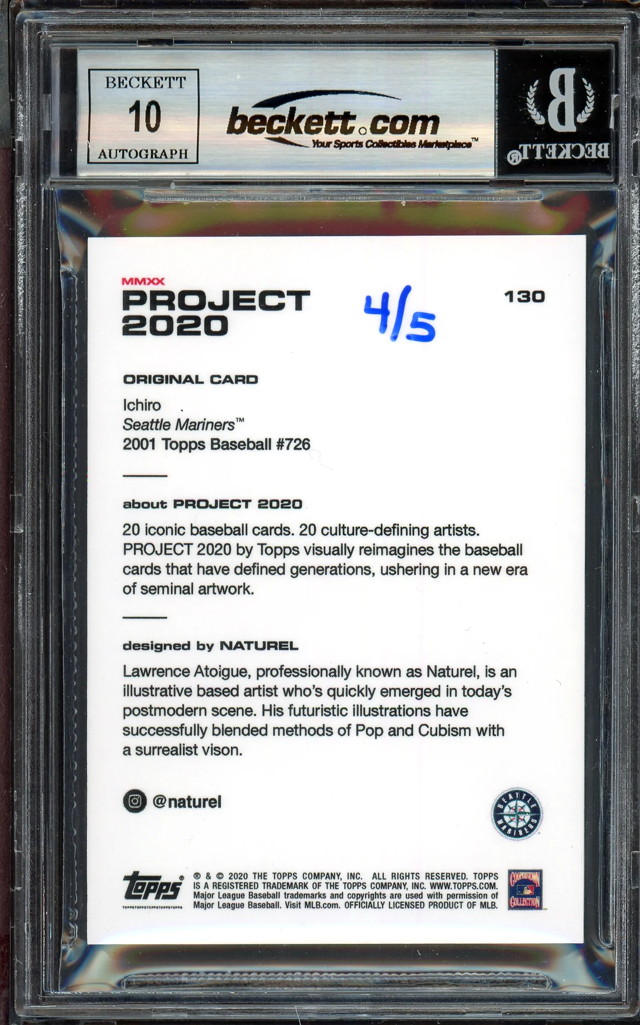 Ichiro Suzuki Autographed Topps Project 2020 Naturel Card #130 Seattle Mariners Auto Grade Gem Mint 10 Teal #/5 Beckett BAS Stock #200973 - Image 2