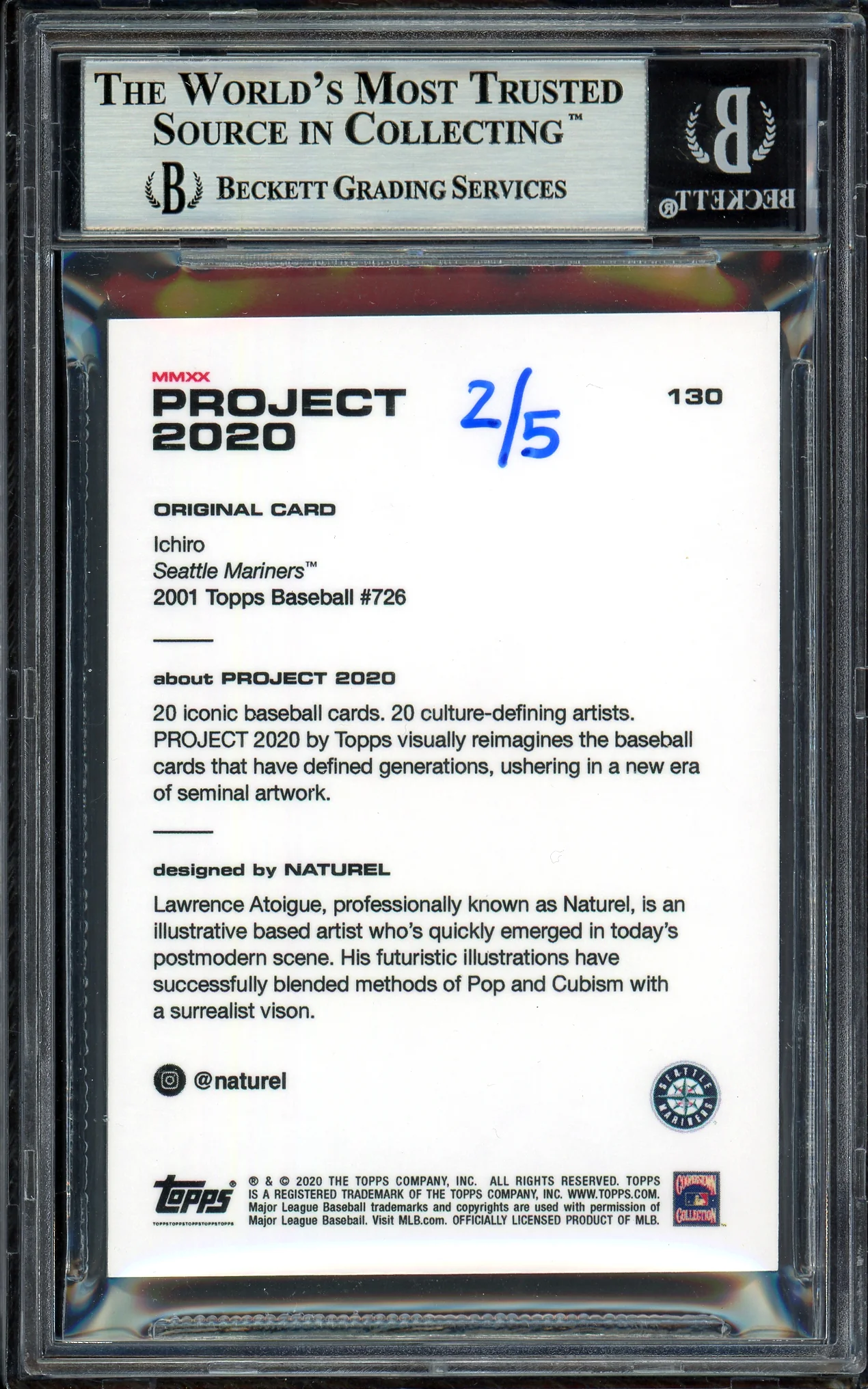 Ichiro Suzuki Autographed Topps Project 2020 Naturel Card #130 Seattle Mariners Black #2/5 Beckett BAS #13713794 - Image 2