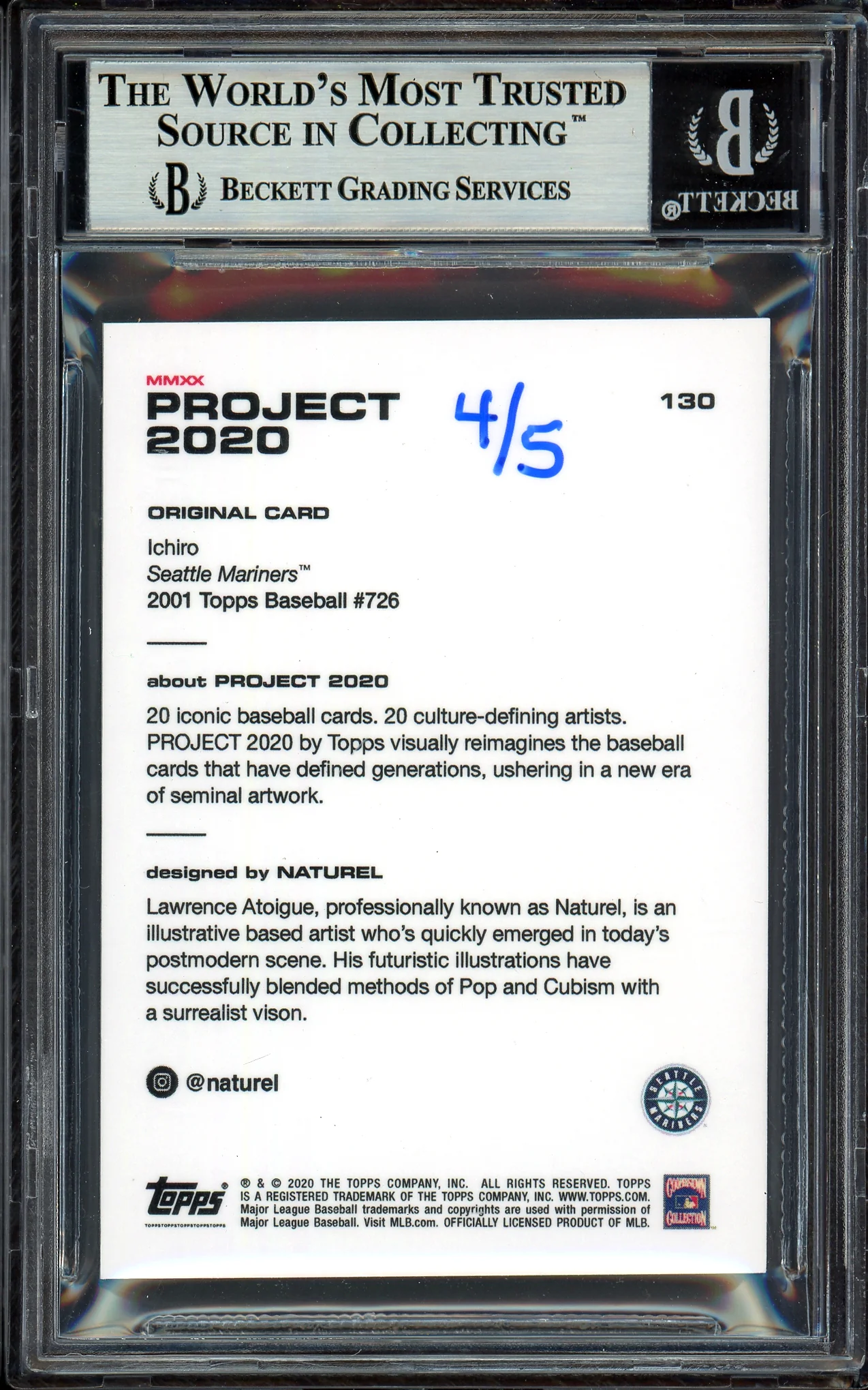 Ichiro Suzuki Autographed Topps Project 2020 Naturel Card #130 Seattle Mariners Lime Green #4/5 Beckett BAS #13713792 - Image 2