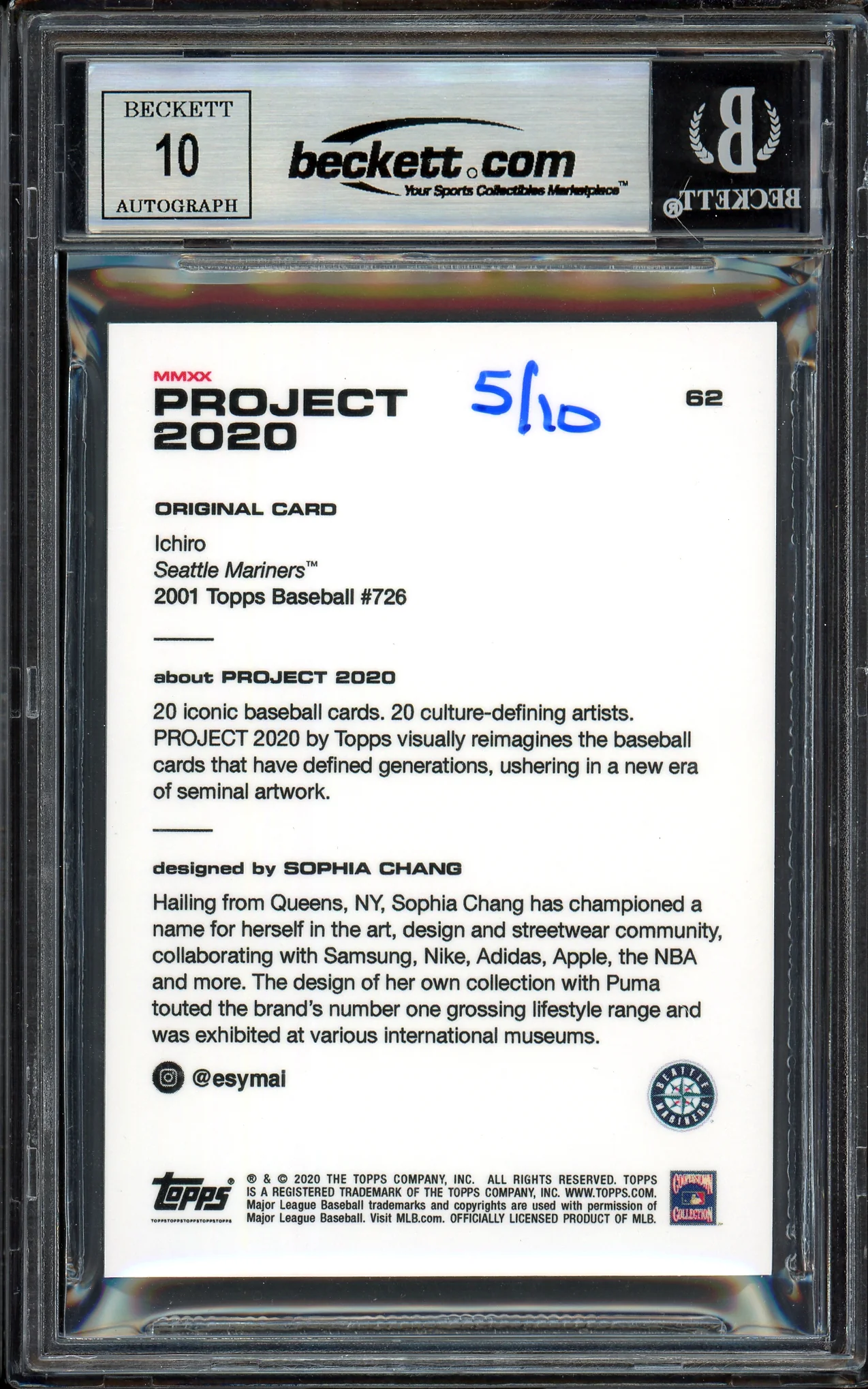Ichiro Suzuki Autographed Topps Project 2020 Sophia Chang Card #62 Seattle Mariners Auto Grade Gem Mint 10 Black #/10 Beckett BAS Stock #200956 - Image 2