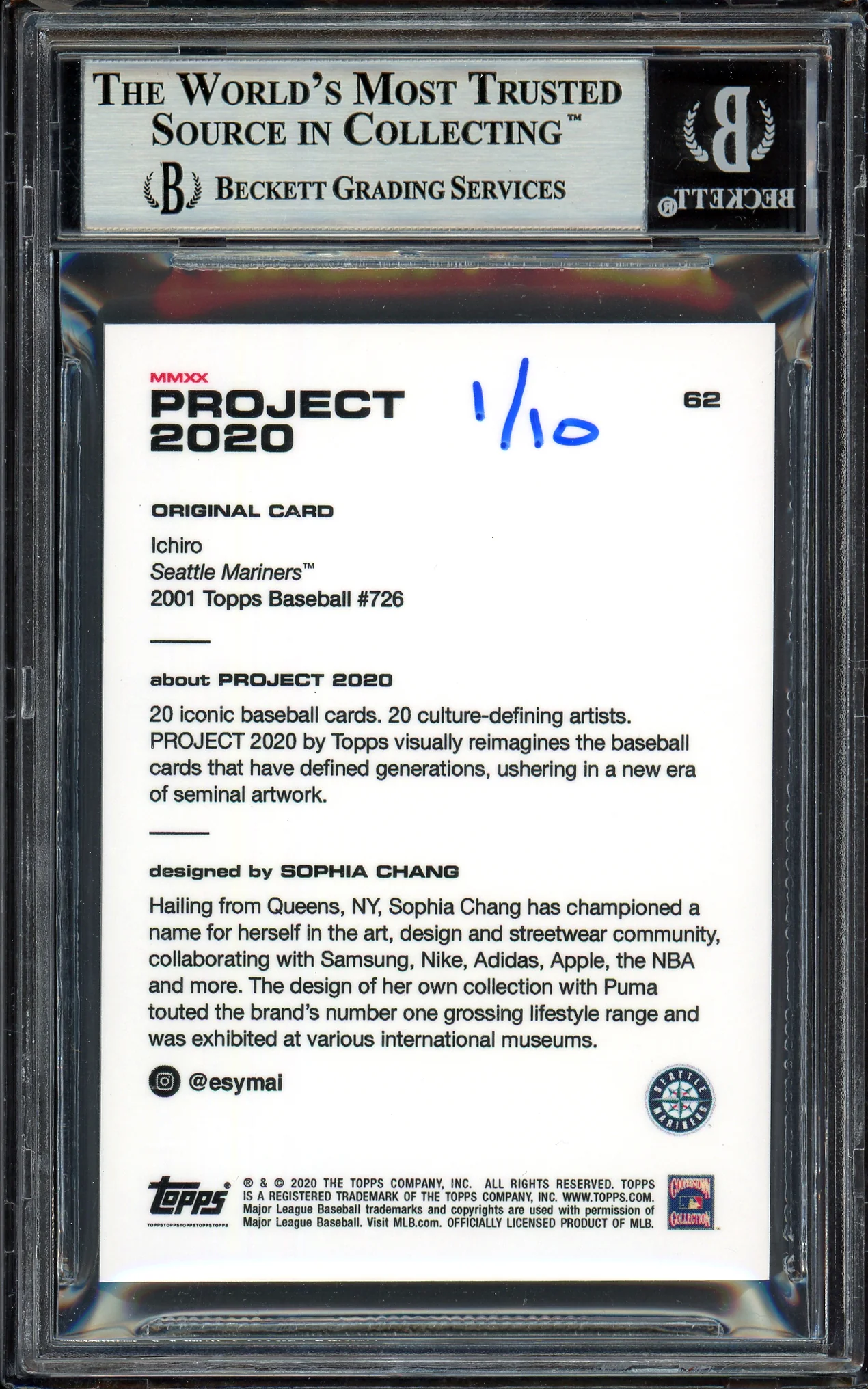 Ichiro Suzuki Autographed Topps Project 2020 Sophia Chang Card #62 Seattle Mariners Blue #1/10 Beckett BAS #13713752 - Image 2