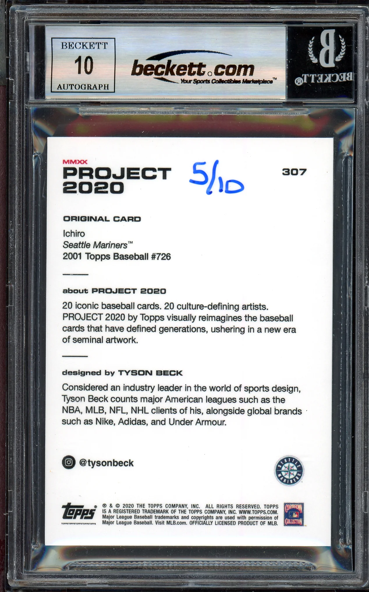 Ichiro Suzuki Autographed Topps Project 2020 Tyson Beck Card #307 Seattle Mariners Auto Grade Gem Mint 10 Black #/10 Beckett BAS Stock #201033 - Image 2