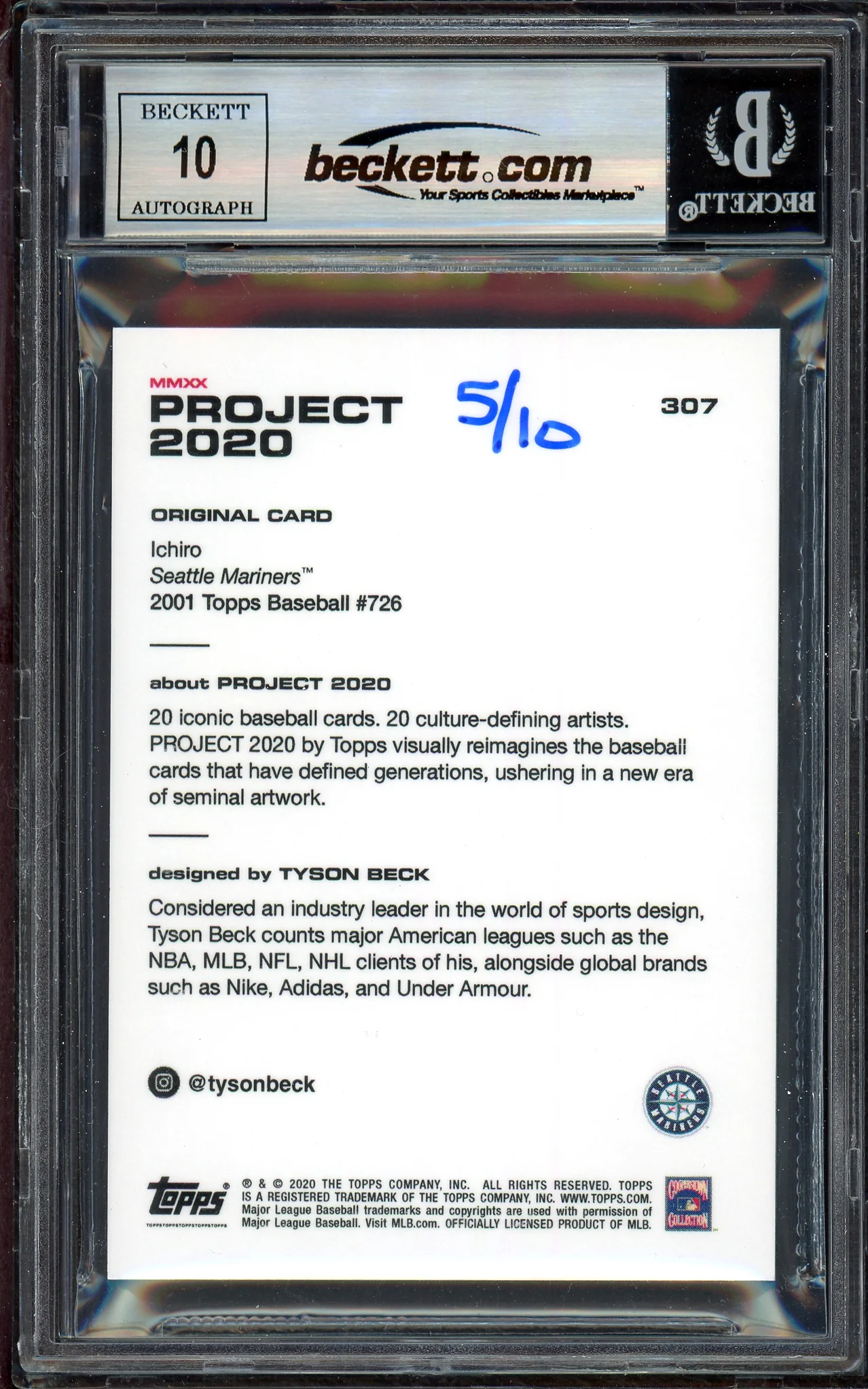 Ichiro Suzuki Autographed Topps Project 2020 Tyson Beck Card #307 Seattle Mariners Auto Grade Gem Mint 10 Gold #5/10 Beckett BAS #13713388 - Image 2