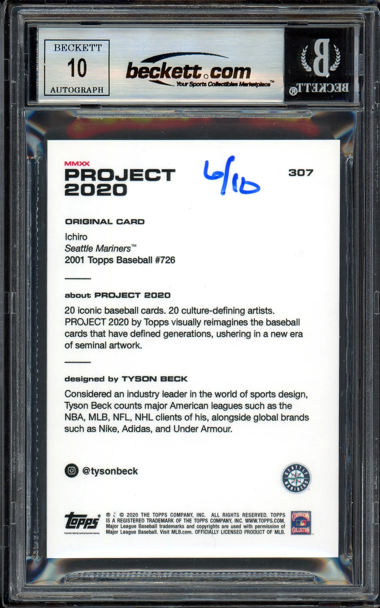 Ichiro Suzuki Autographed Topps Project 2020 Tyson Beck Card #307 Seattle Mariners Auto Grade Gem Mint 10 Gold #6/10 Beckett BAS #13713395 - Image 2