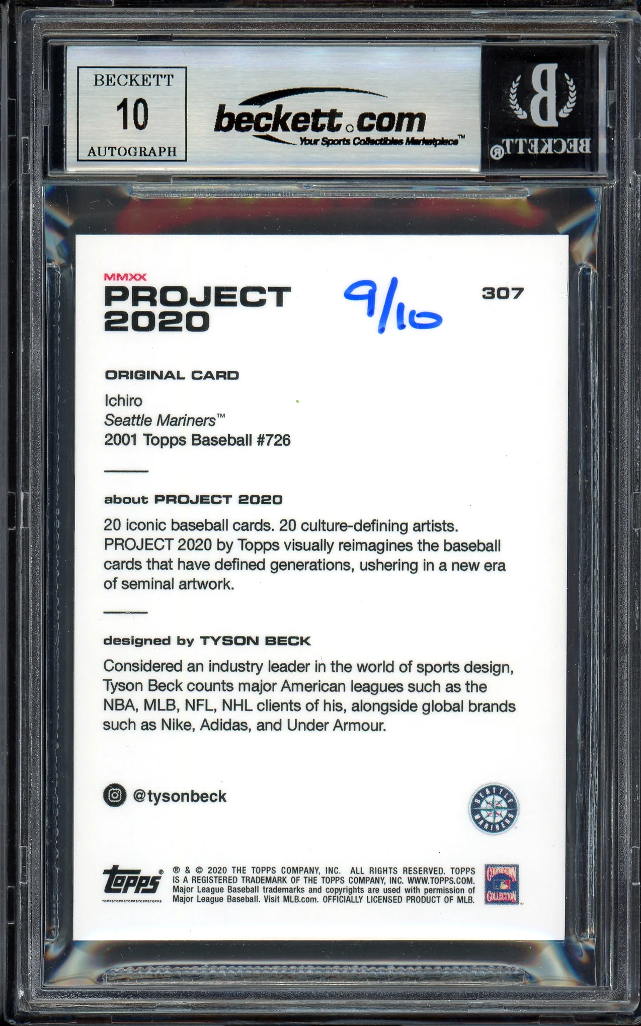 Ichiro Suzuki Autographed Topps Project 2020 Tyson Beck Card #307 Seattle Mariners Auto Grade Gem Mint 10 Lime Green #/10 Beckett BAS Stock #201032 - Image 2