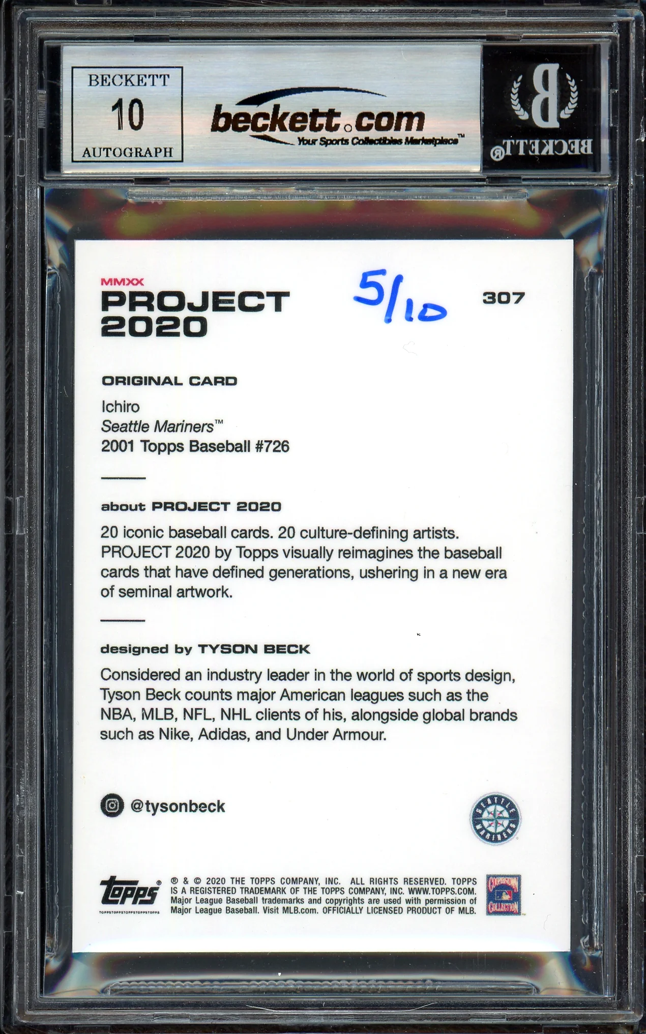 Ichiro Suzuki Autographed Topps Project 2020 Tyson Beck Card #307 Seattle Mariners Auto Grade Gem Mint 10 Silver #5/10 Beckett BAS #13713385 - Image 2