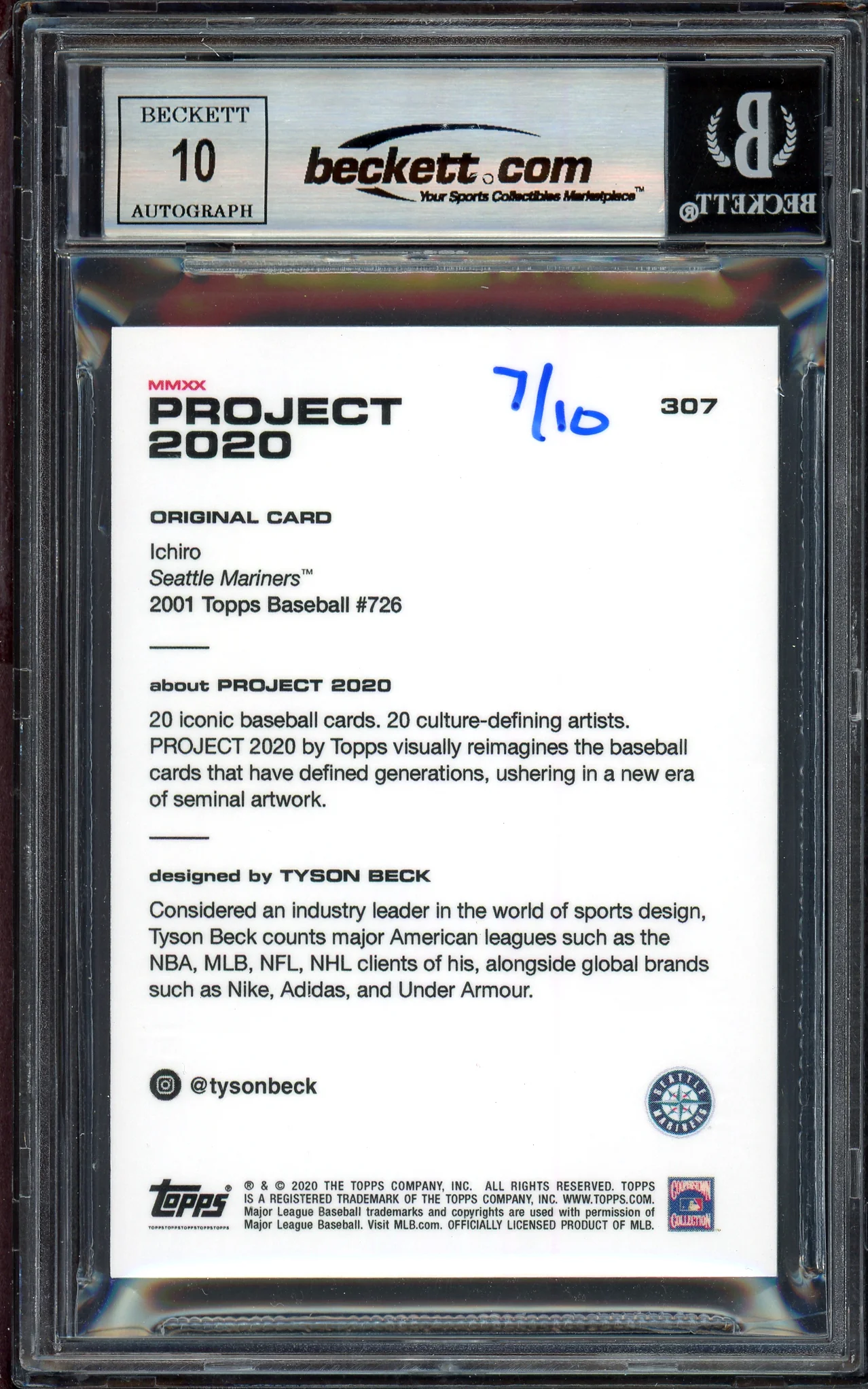 Ichiro Suzuki Autographed Topps Project 2020 Tyson Beck Card #307 Seattle Mariners Auto Grade Gem Mint 10 Silver #7/10 Beckett BAS #13713387 - Image 2