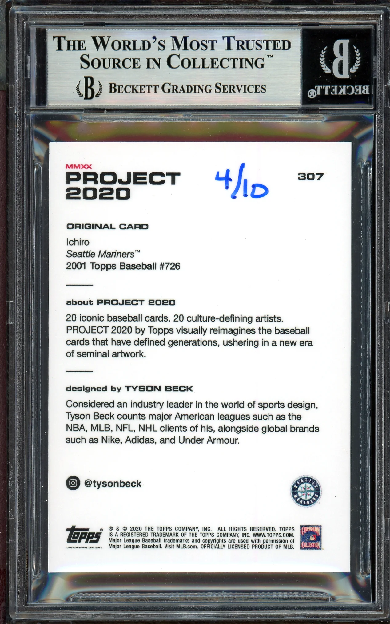 Ichiro Suzuki Autographed Topps Project 2020 Tyson Beck Card #307 Seattle Mariners Black #4/10 Beckett BAS #13714177 - Image 2