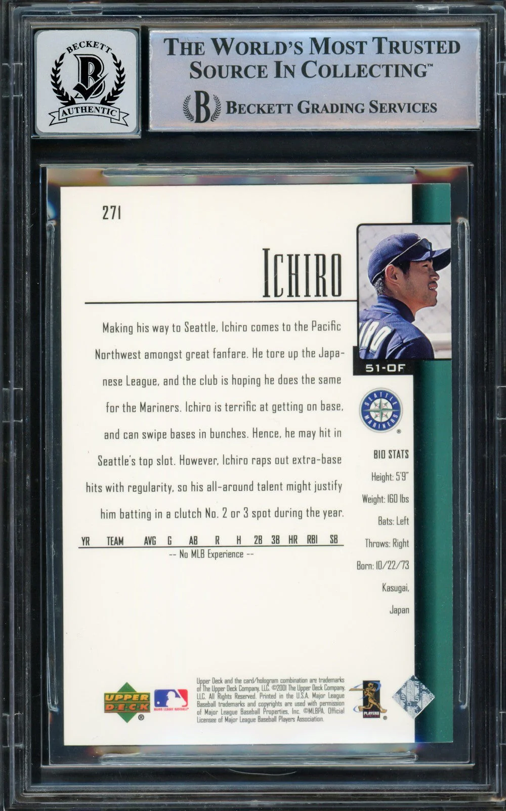 Ichiro Suzuki Signed 2001 Upper Deck #271 Mariners Rookie Card BAS Auto 10 - Image 2