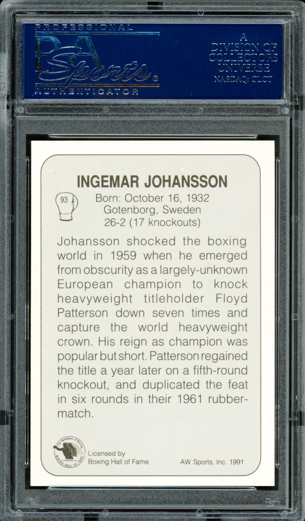 Ingemar Johansson Autographed 1991 AW Sports Card #93 PSA/DNA #83314025 - Image 2