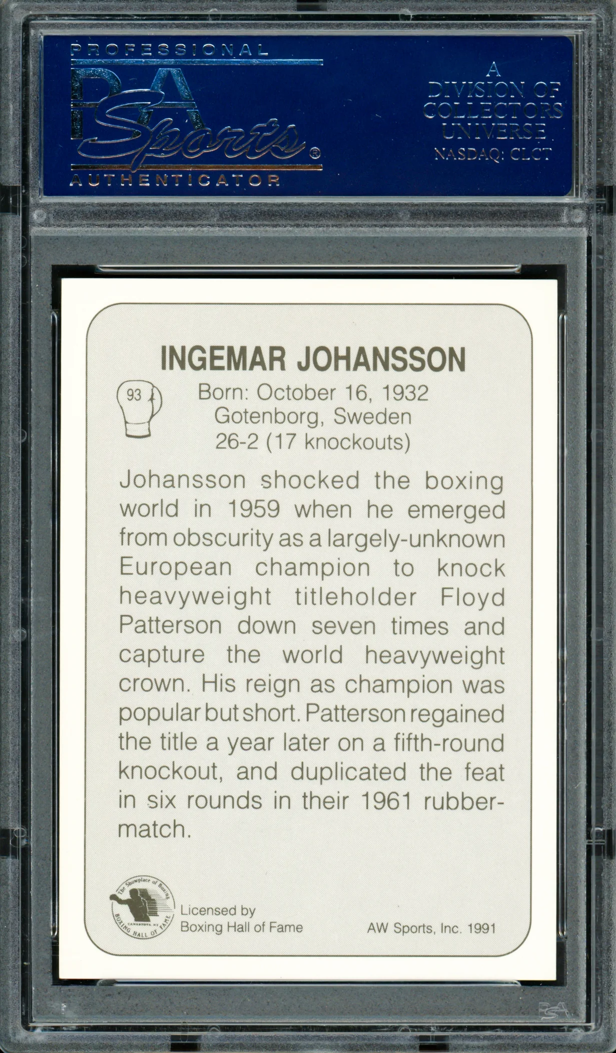 Ingemar Johansson Autographed 1991 AW Sports Card #93 PSA/DNA #83314027 - Image 2