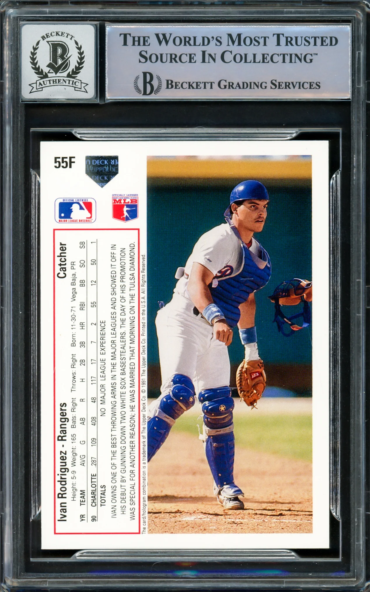 Ivan Rodriguez Autographed 1991 Upper Deck Final Edition Rookie Card #55F Texas Rangers Auto Grade Gem Mint 10 Beckett BAS Stock #221311 - Image 2